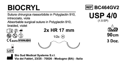 Sutura Biocryl HR17 USP 4-0  - EP 1.5 90 cm Violet Double Armed  Box 36 pcs