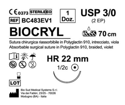 Sutura Biocryl HR 22 USP 3-0 - EP 2 70 cm Violet Box 12 pcs