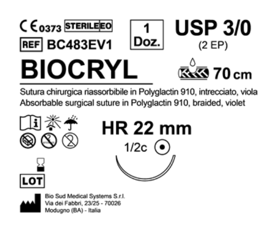 Sutura Biocryl HR 22 USP 3-0 - EP 2 70 cm Violet Box 12 pcs