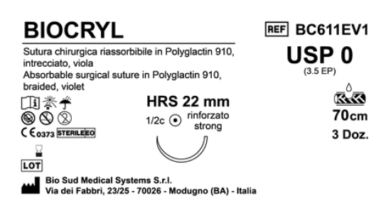 Sutura Biocryl HRS22 USP 0 - EP 3.5 70 cm Violet Box 36 pcs
