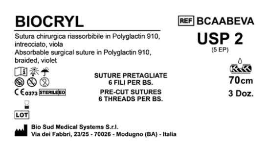 Sutura Biocryl Precutted USP 2 - EP 5 70 cm Violet Bs. 36 x 6 Threads