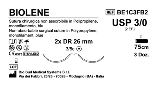 Sutura Biolene DR26 USP 3-0 - EP 2 75 cm Blue Double Armed  Box 36 pcs