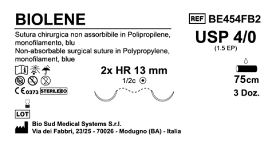 Sutura Biolene HR13 USP 4-0  - EP 1.5 75 cm Blue Double Armed  Box 36 pcs