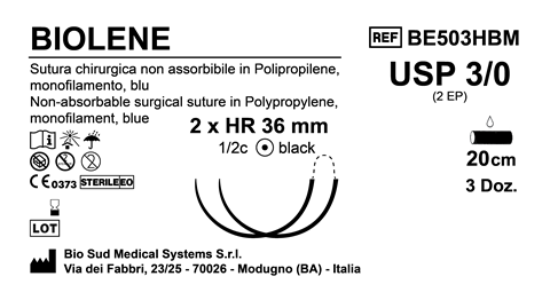 Sutura Biolene HR 36 USP 3-0 - EP 2 120 cm Blue Doub.Arm. Black Needle Box 36 pcs