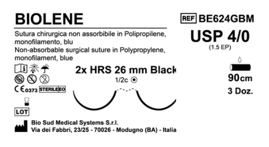 Sutura Biolene HRS 26 USP 4-0  - EP 1.5 90 cm Blue Doub.Arm. Black Needle Box 36 pcs