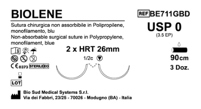 Sutura Biolene HRT 26 USP 0 - EP 3.5 90 cm Blue Double Armed  N.12 Bs. per Box