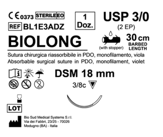Sutura Biolong DSM 18 USP 3-0 - EP 2 30 cm Violet Barbed Box 12 pcs