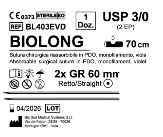 Sutura Biolong GR 60 USP 3-0 - EP 2 70 cm Violet Double Armed  N.12 Bs. per Box