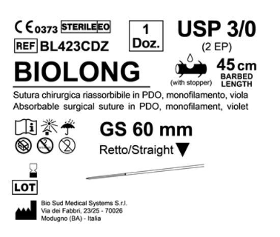 Sutura Biolong GS 60 USP 3-0 - EP 2 45 cm Violet Barbed Box 12 pcs