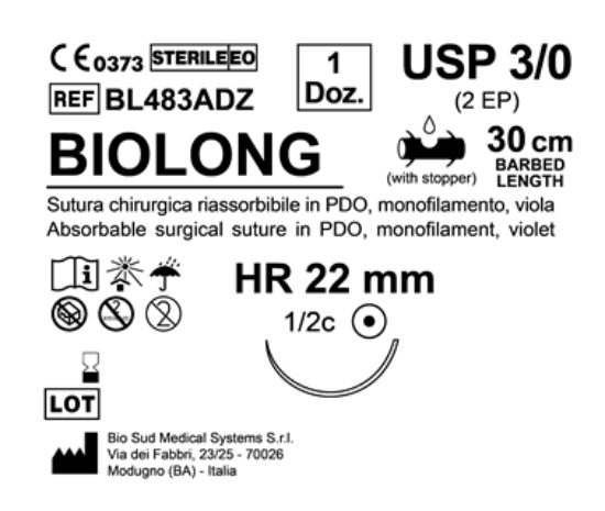 Sutura Biolong HR 22 USP 3-0 - EP 2 30 cm Violet Barbed Box 12 pcs