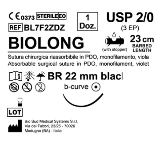 Sutura Biolong BR 22 USP 2-0 - EP 3 23 cm Violet Barbed Box 12 pcs