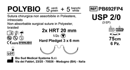 Sutura Polybio HRT20 USP 2-0 - EP 3 75 cm threads: 5 White + 5 Green x Bs. Doub.Arm. Pledget Hard 3x6 Box 6