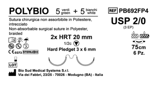 Sutura Polybio HRT20 USP 2-0 - EP 3 75 cm threads: 5 White + 5 Green x Bs. Doub.Arm. Pledget Hard 3x6 Box 6