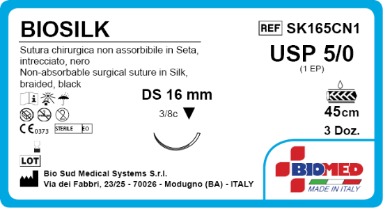 Sutura Biosilk DS16 USP 5-0 - EP 1 45 cm Black Box 36 pcs