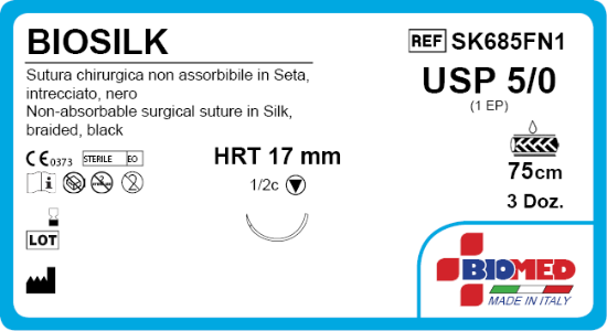 Sutura Biosilk HRT17 USP 5-0 - EP 1 75 cm Black Box 36 pcs
