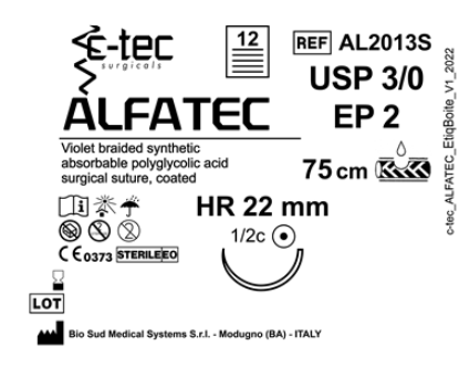 Alfatec braided viol. HR 22 USP 3/0 EP 2 75cm 12pz. PGA