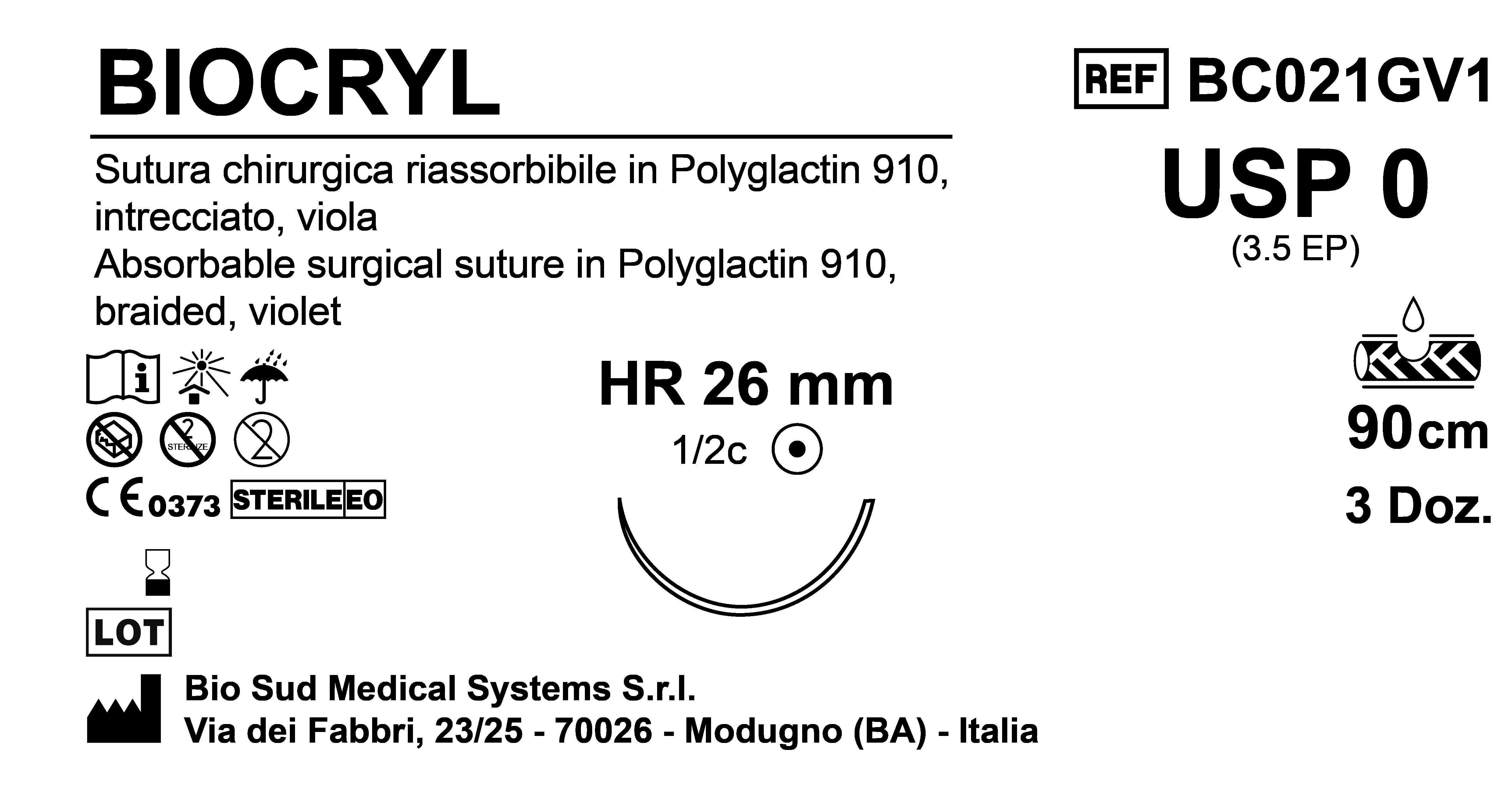 Sutura Biocryl HR26 USP 0 - EP 3.5 90 cm Violet Box 36 pcs