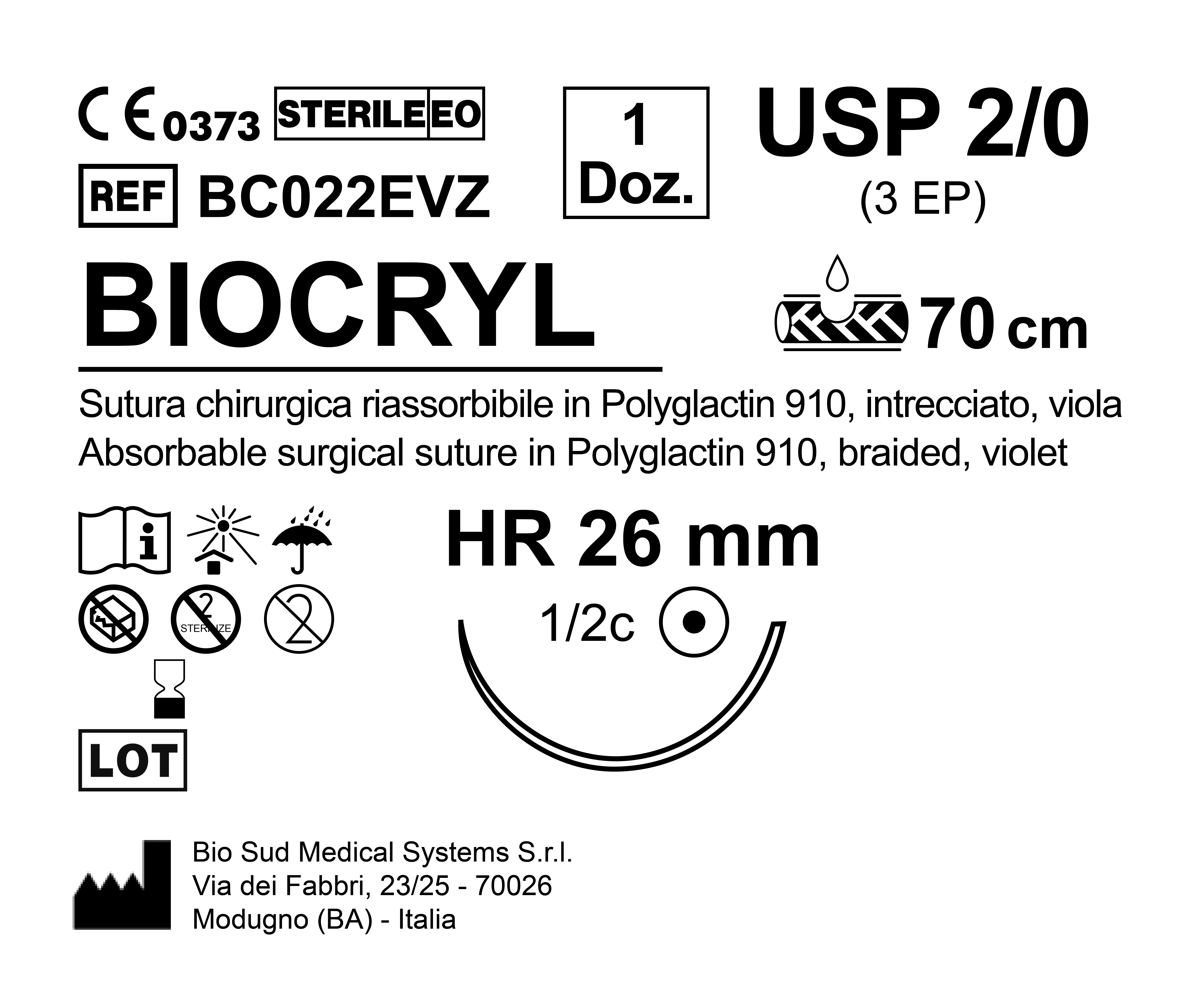 Sutura Biocryl HR 26 USP 2-0 - EP 3 70 cm Violet Box 12 pcs