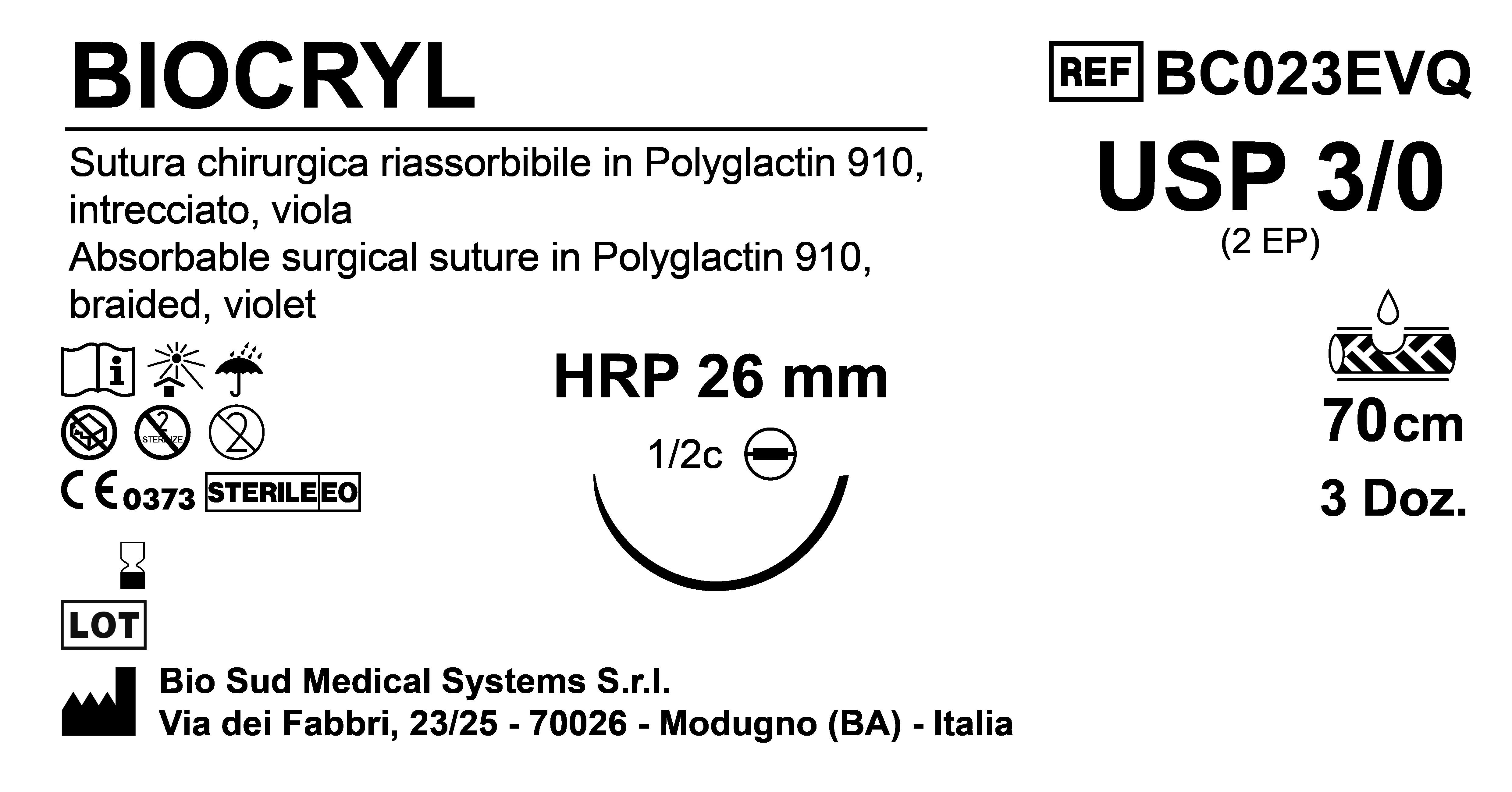 Sutura Biocryl HRP26 USP 3-0 - EP 2 70 cm Violet Needle Plus Black  Box 36 pcs