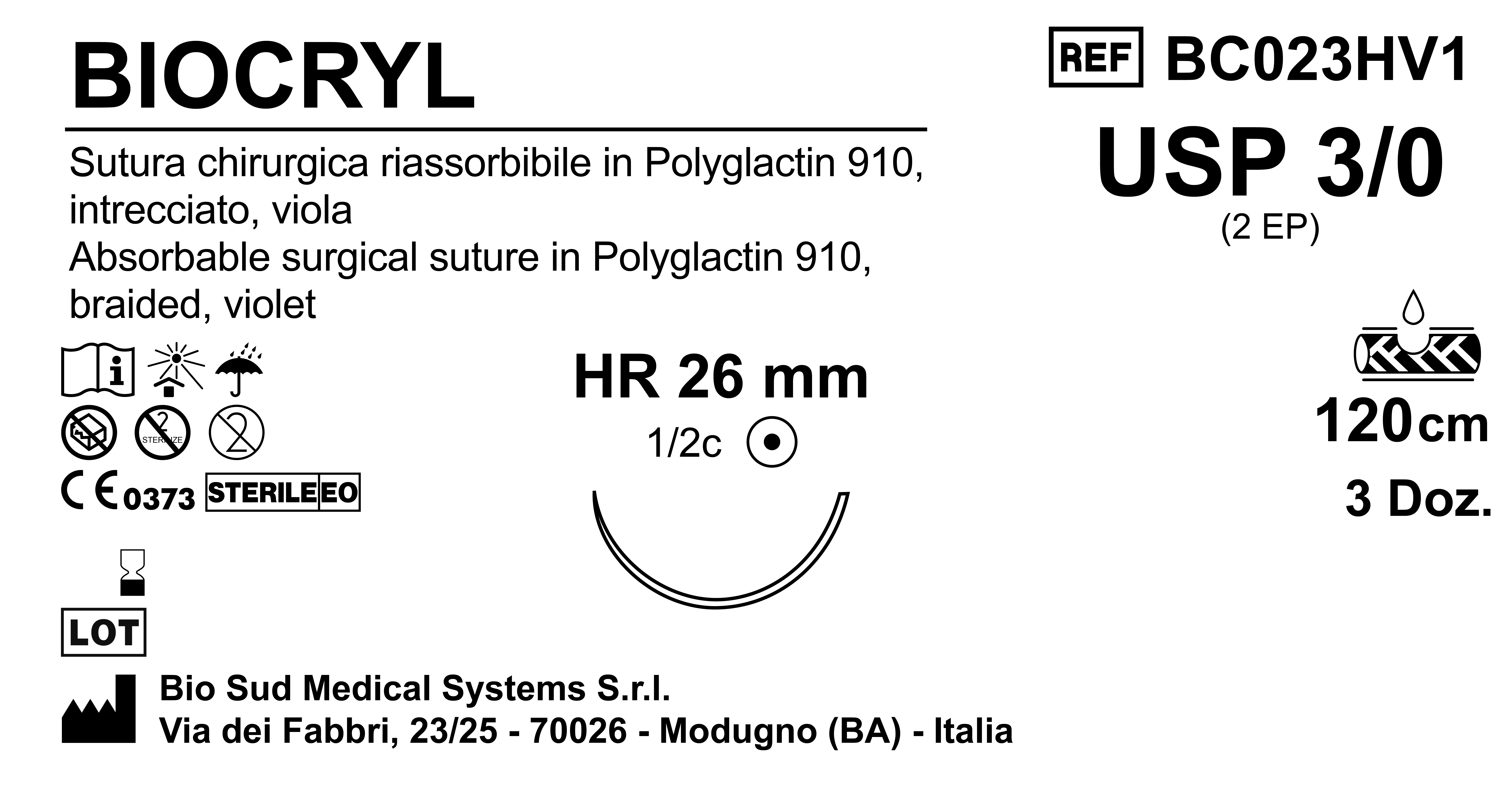 Sutura Biocryl HR26 USP 3-0 - EP 2 120 cm Violet Box 36 pcs