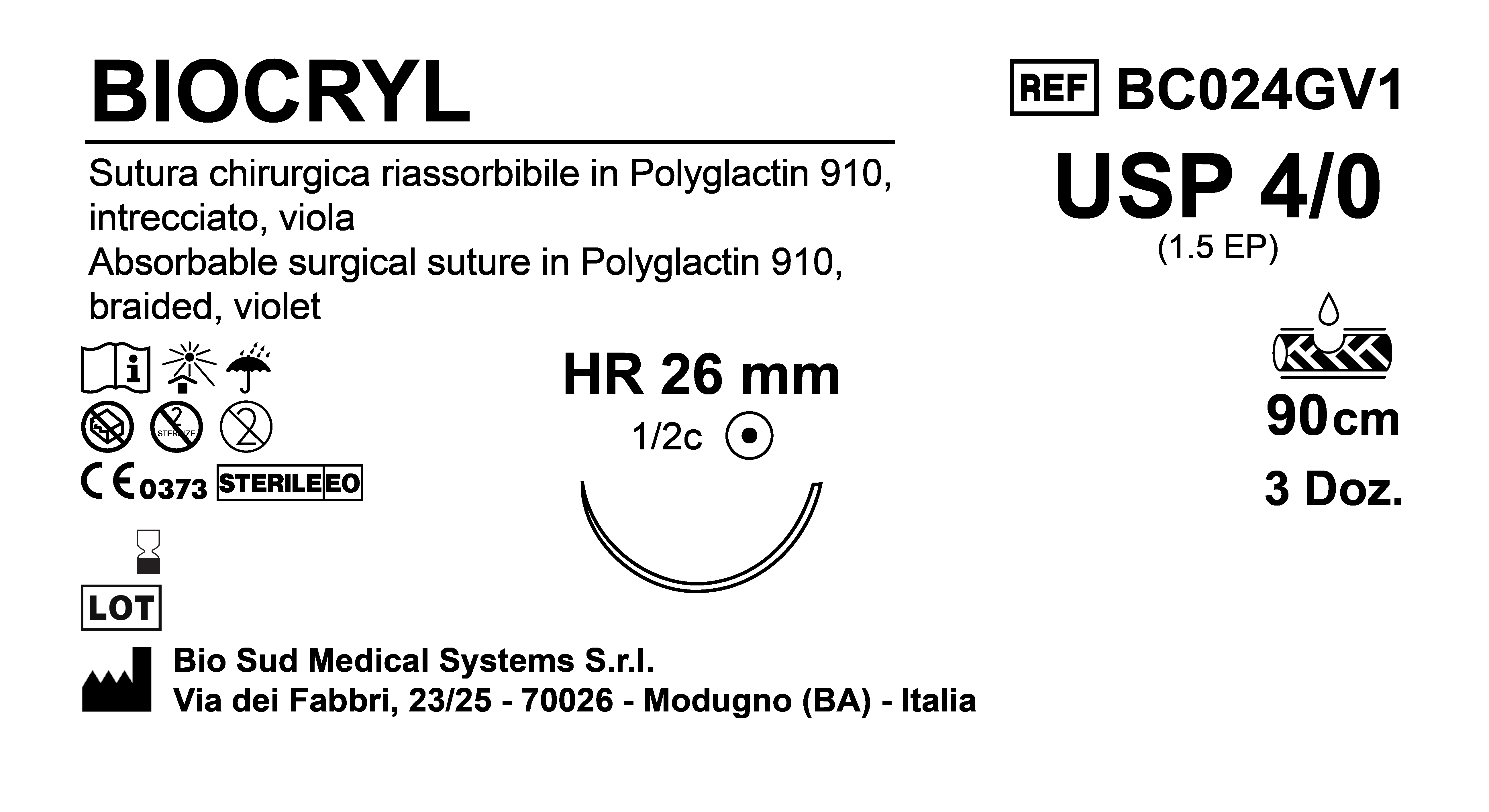 Sutura Biocryl HR26 USP 4-0  - EP 1.5 90 cm Violet Box 36 pcs