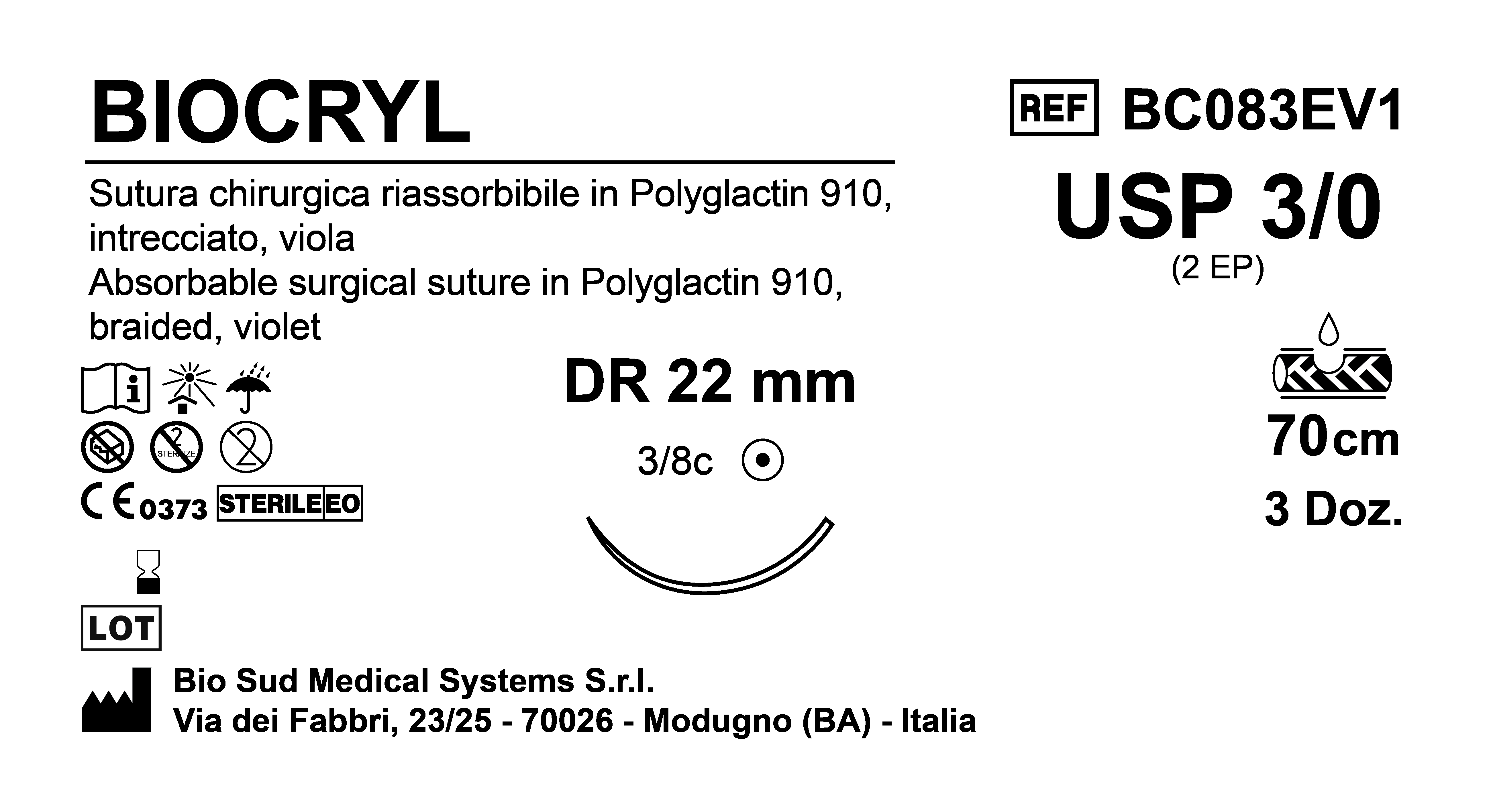 Sutura Biocryl DR22 USP 3-0 - EP 2 70 cm Violet Box 36 pcs