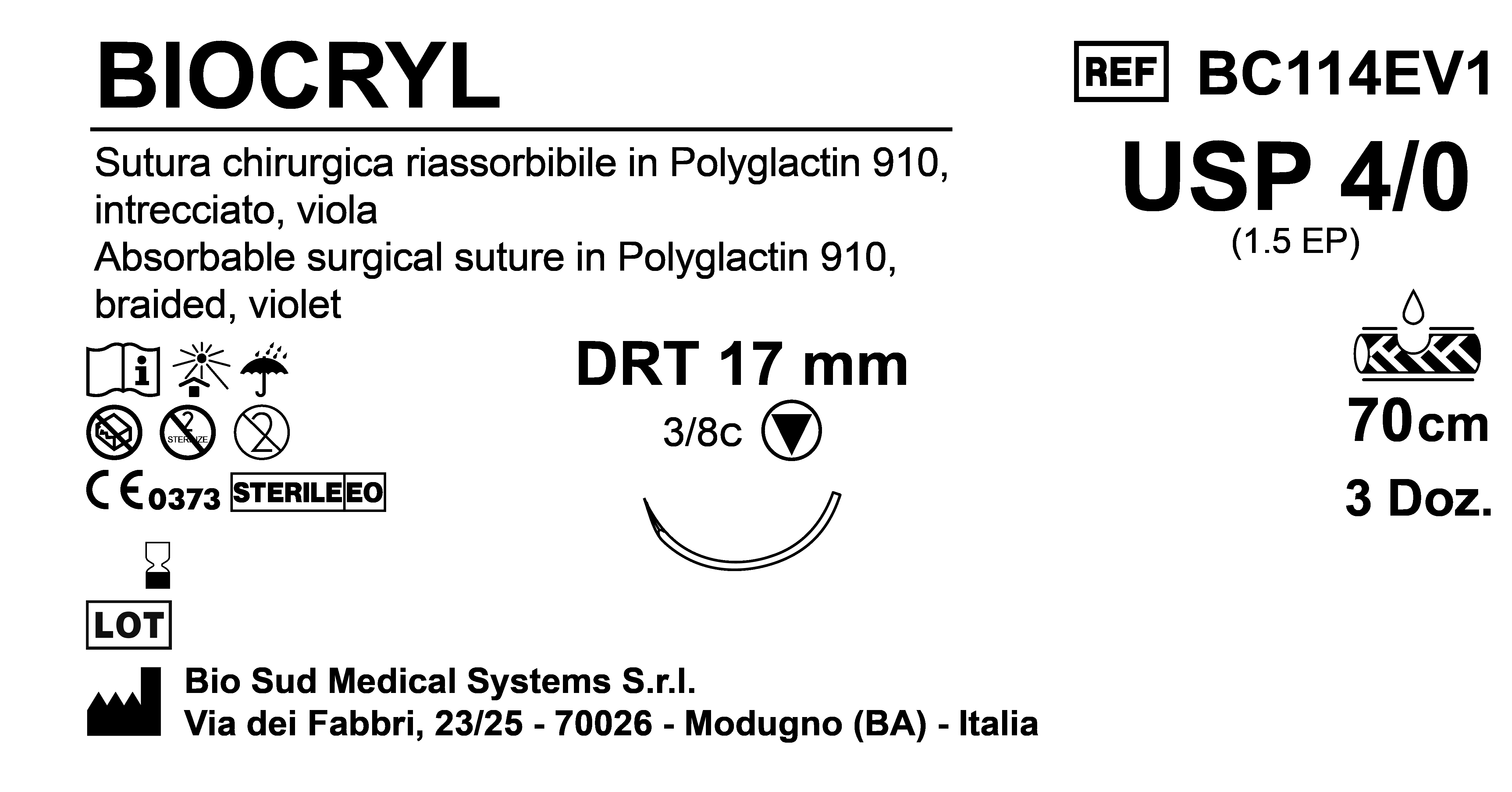 Sutura Biocryl DRT17 USP 4-0  - EP 1.5 70 cm Violet Box 36 pcs