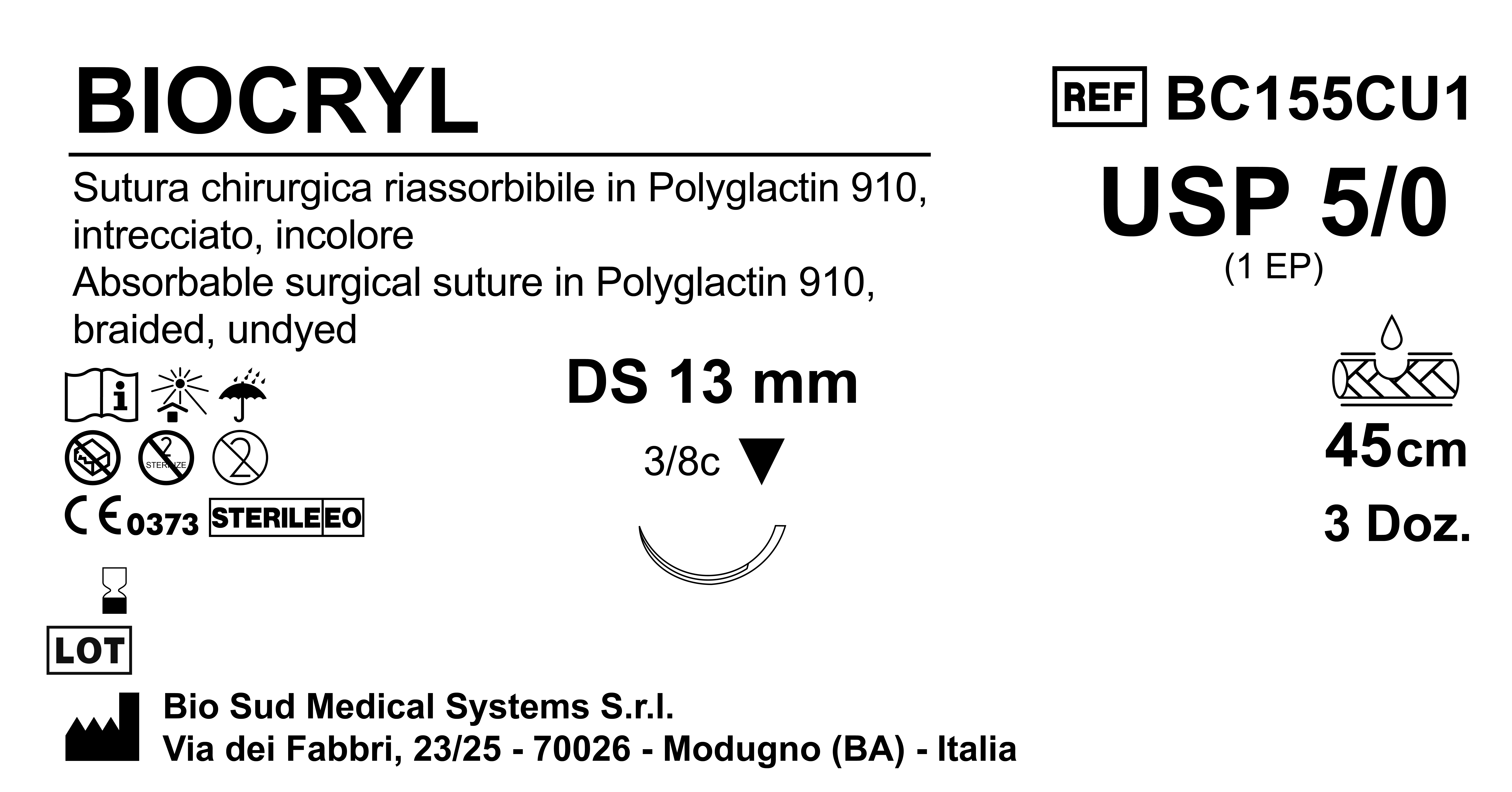 Sutura Biocryl DS13 USP 5-0 - EP 1 45 cm Undyed Box 36 pcs