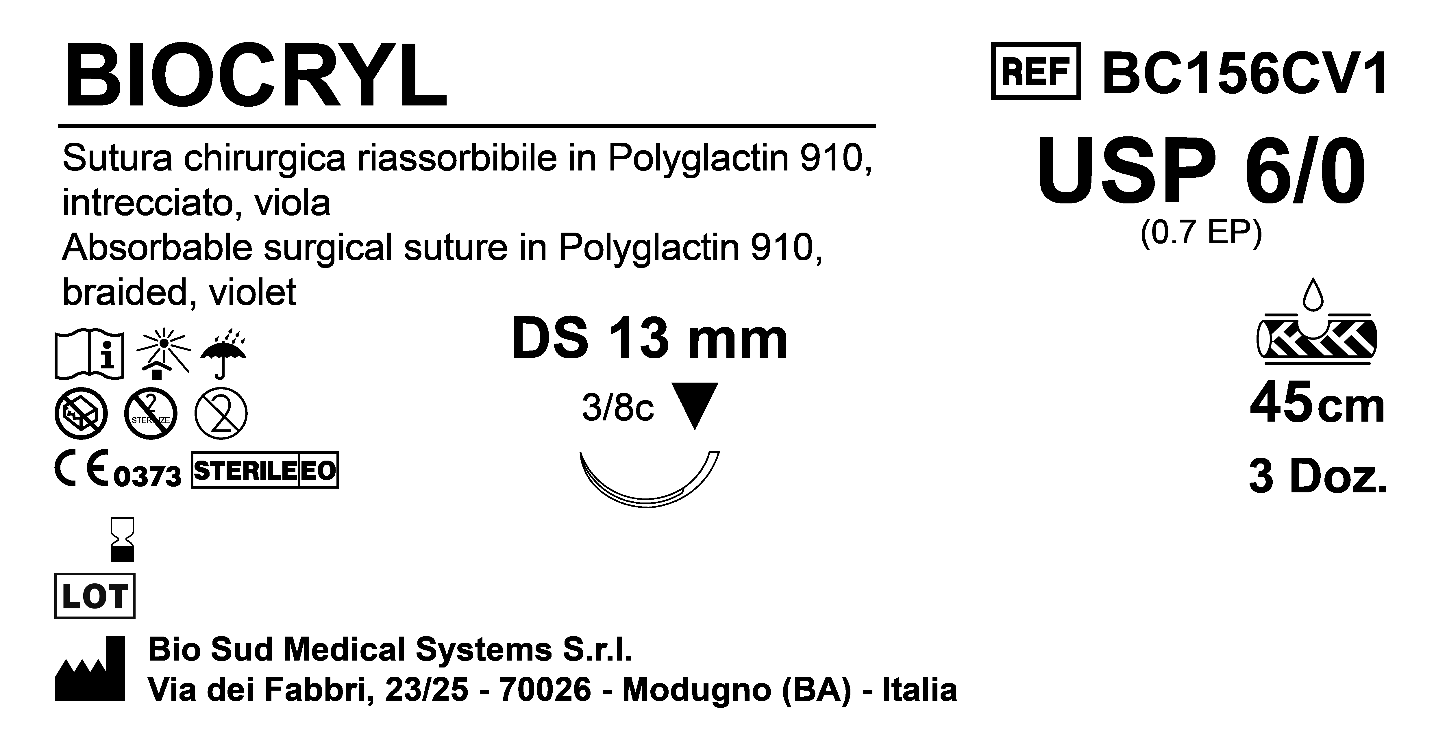 Sutura Biocryl DS13 USP 6-0 - EP 0.7 45 cm Violet Box 36 pcs