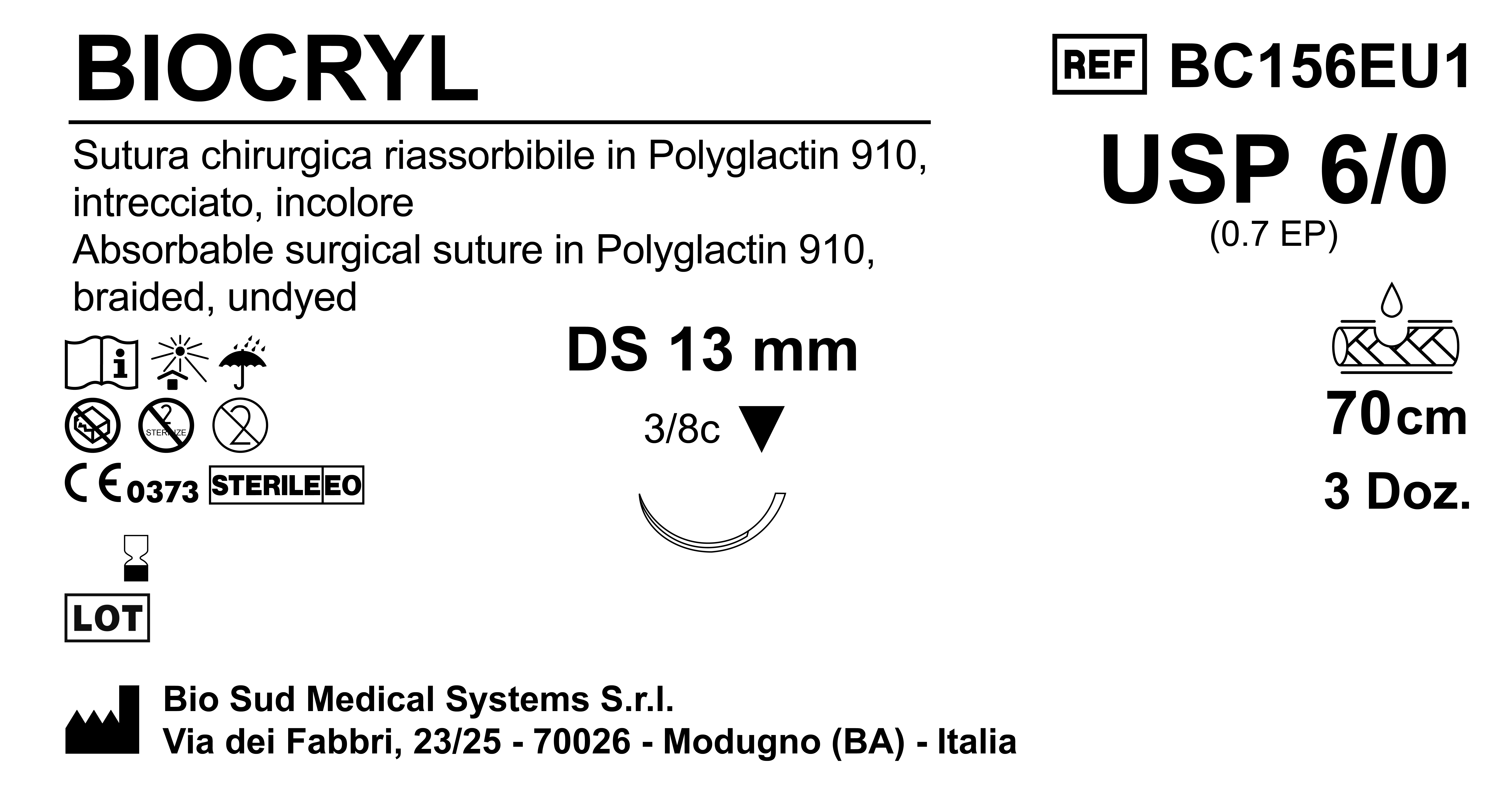 Sutura Biocryl DS13 USP 6-0 - EP 0.7 70 cm Undyed Box 36 pcs