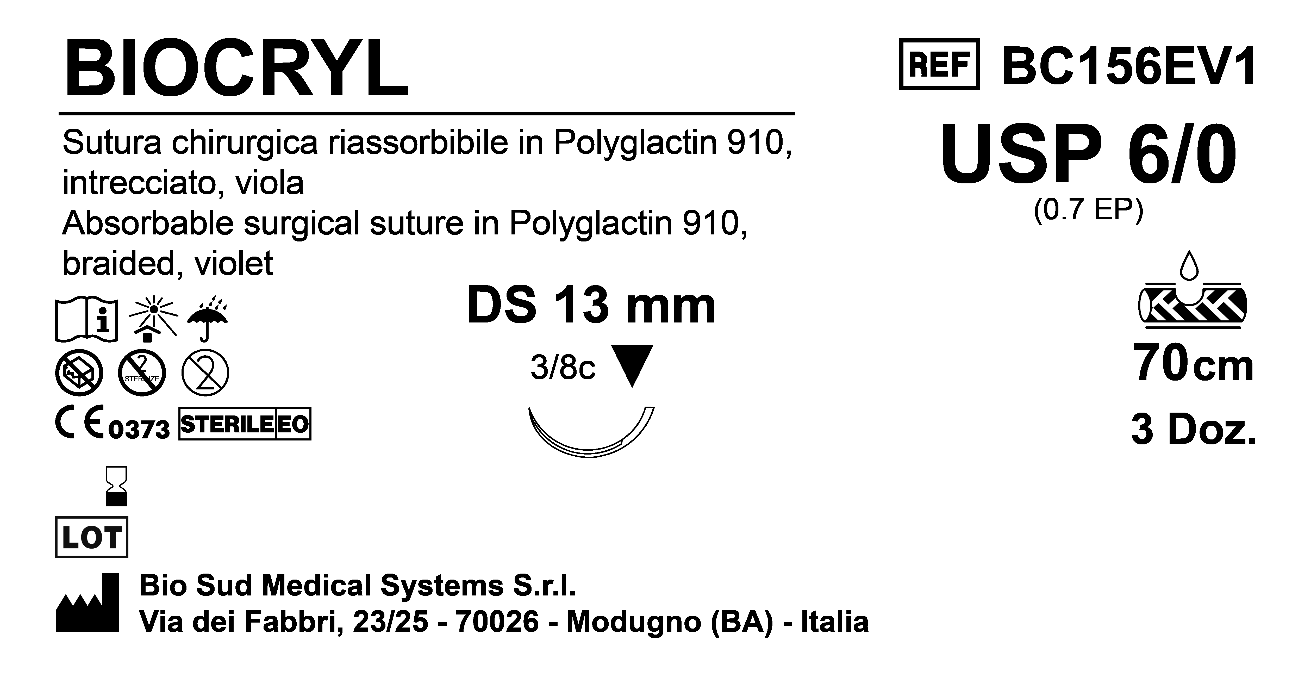 Sutura Biocryl DS13 USP 6-0 - EP 0.7 70 cm Violet Box 36 pcs