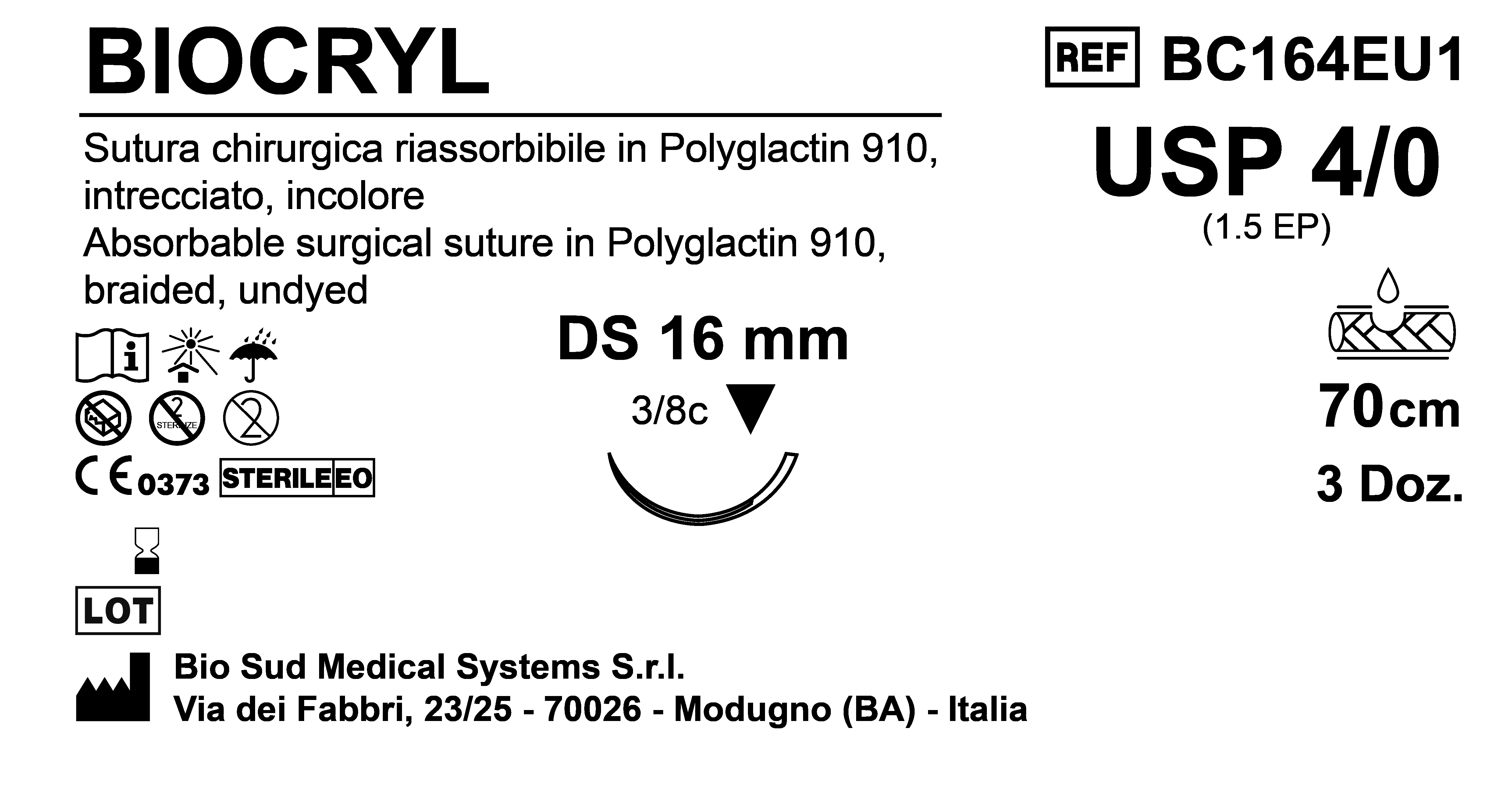 Sutura Biocryl DS16 USP 4-0  - EP 1.5 70 cm Undyed Box 36 pcs