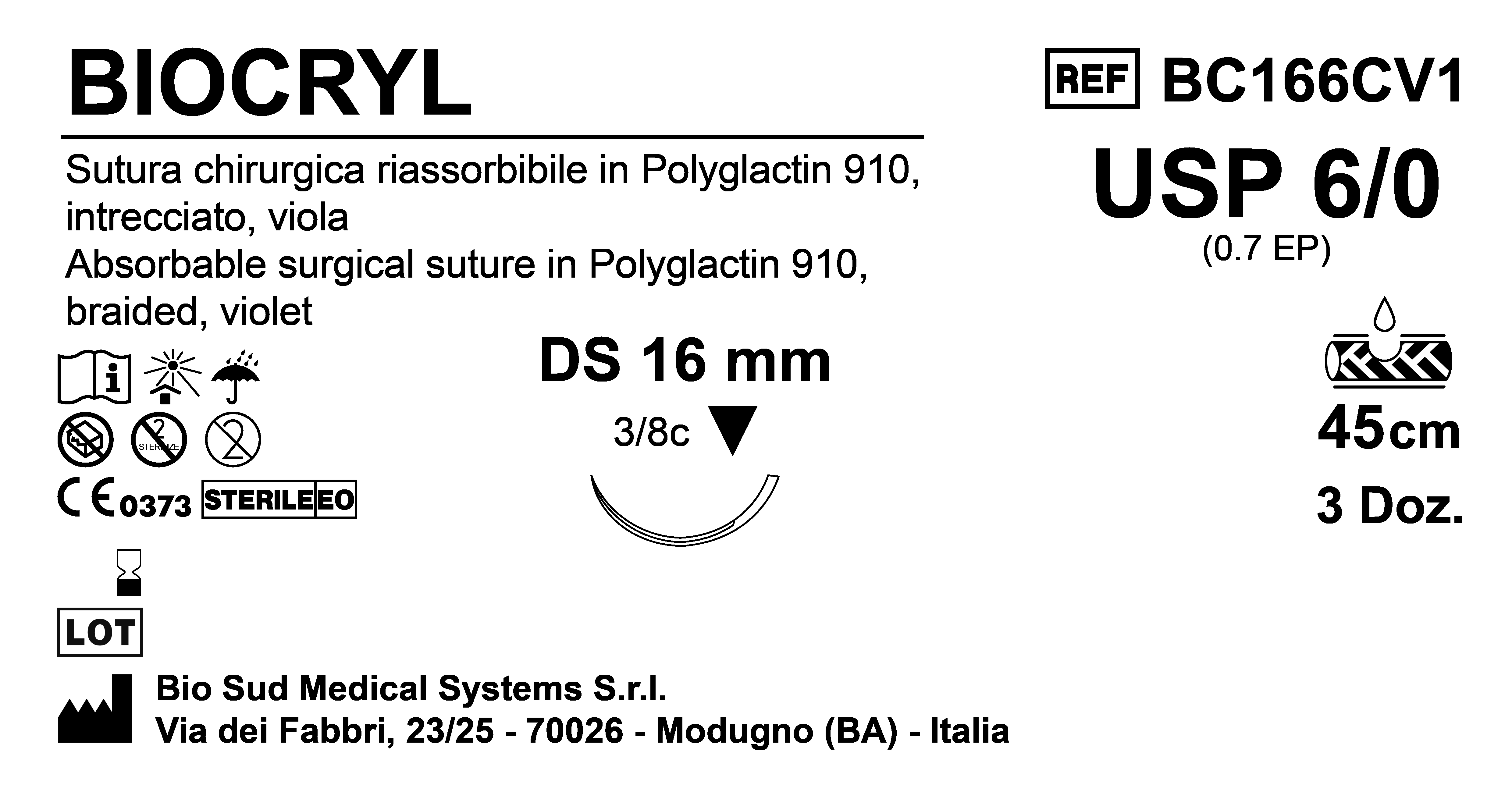 Sutura Biocryl DS 16 USP 6-0 - EP 0.7 45 cm Violet Box 36 pcs