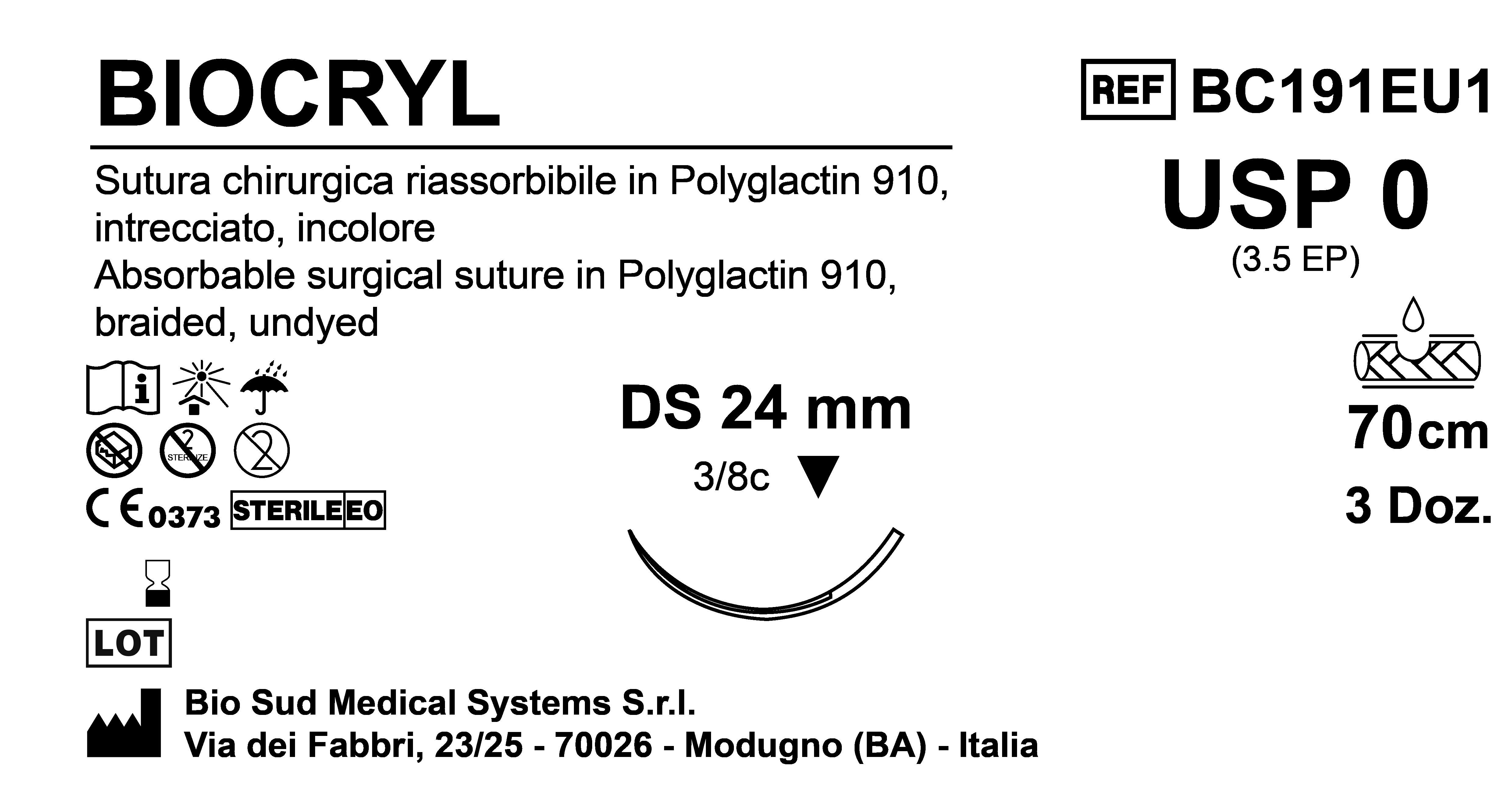 Sutura Biocryl DS24 USP 0 - EP 3.5 70 cm Undyed Box 36 pcs