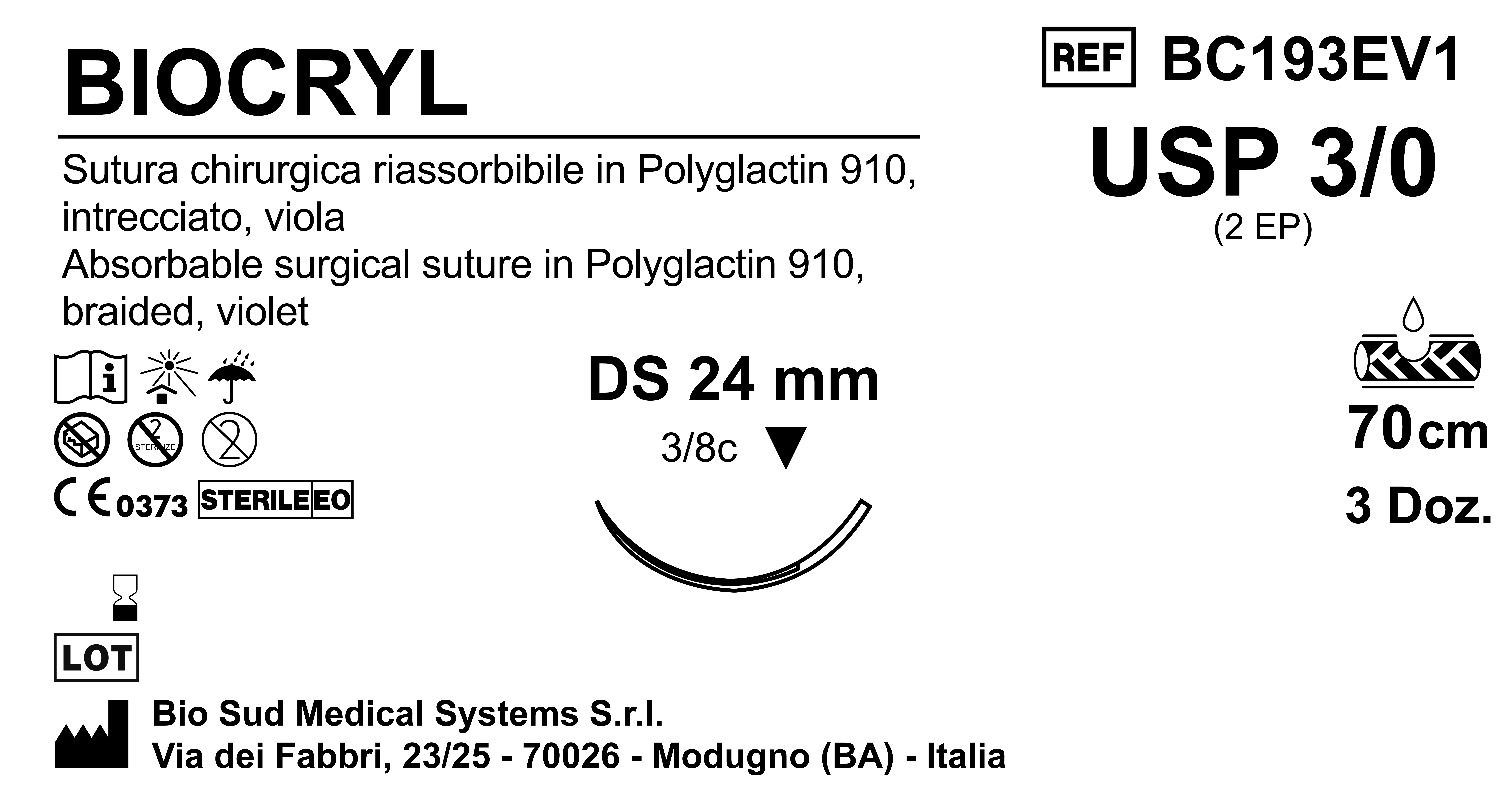 Sutura Biocryl DS24 USP 3-0 - EP 2 70 cm Violet Box 36 pcs