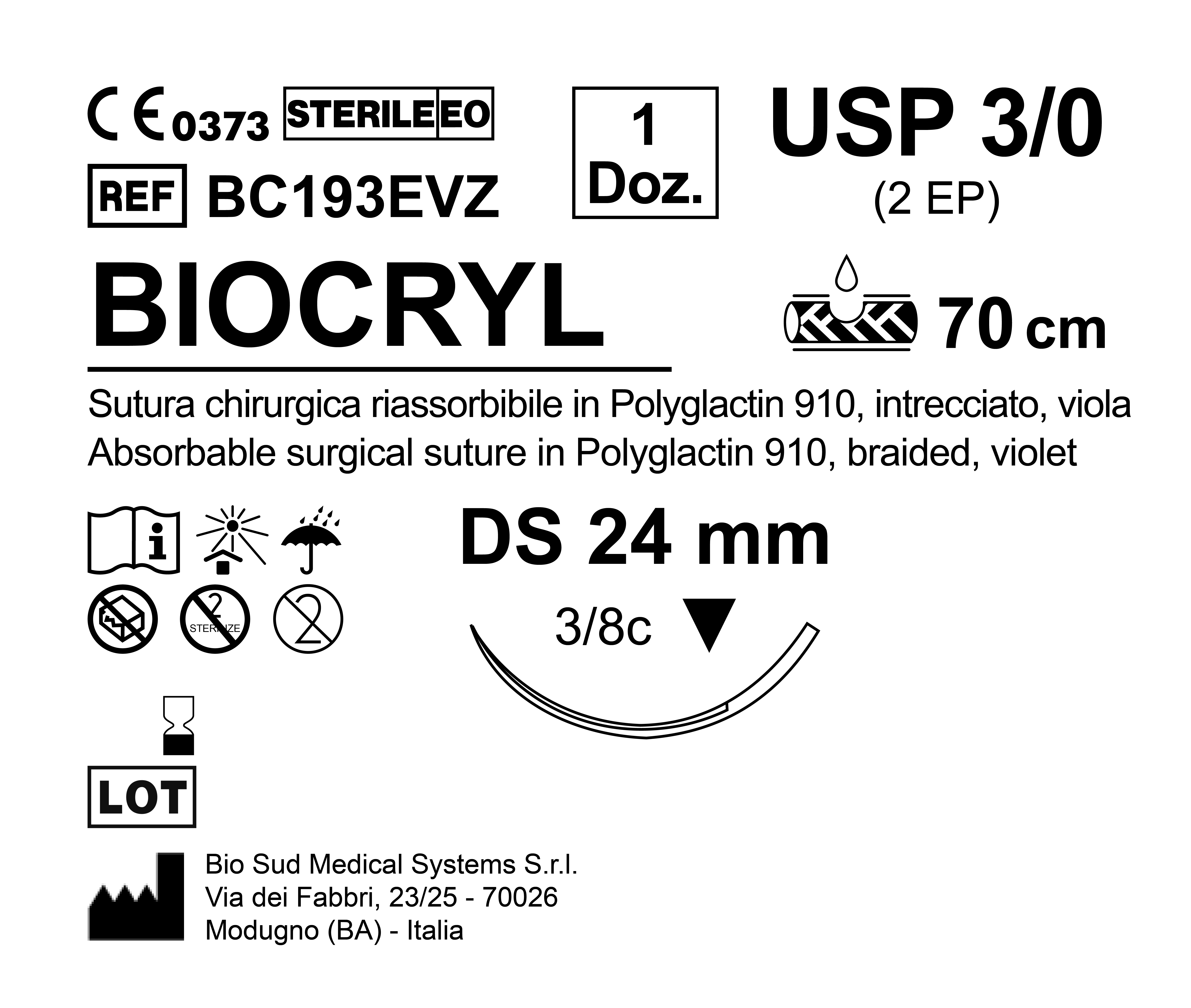 Sutura Biocryl DS 24 USP 3-0 - EP 2 70 cm Violet Box 12 pcs