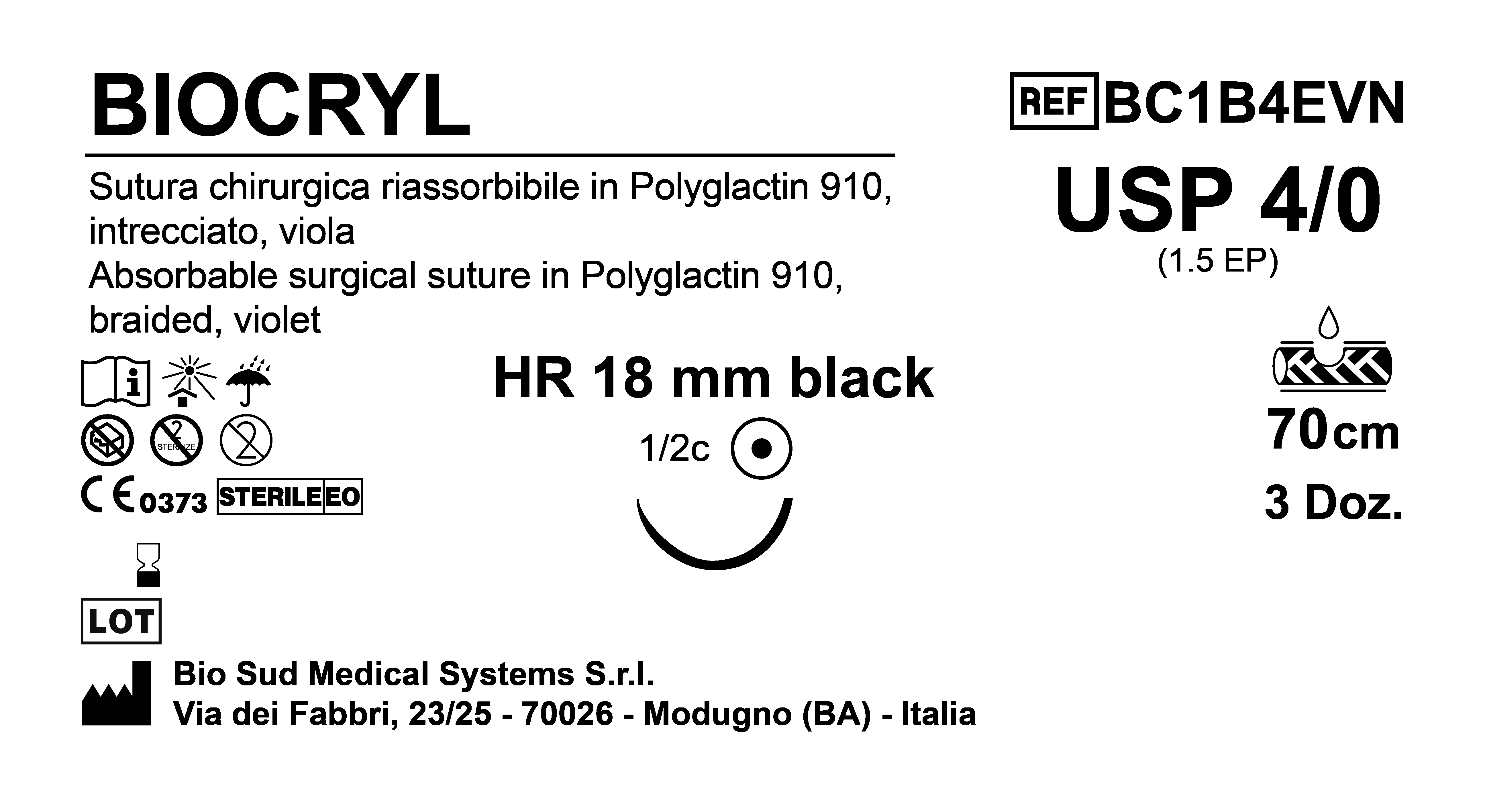 Sutura Biocryl HR18 USP 4-0  - EP 1.5 70 cm Violet Black Needle  Box 36 pcs