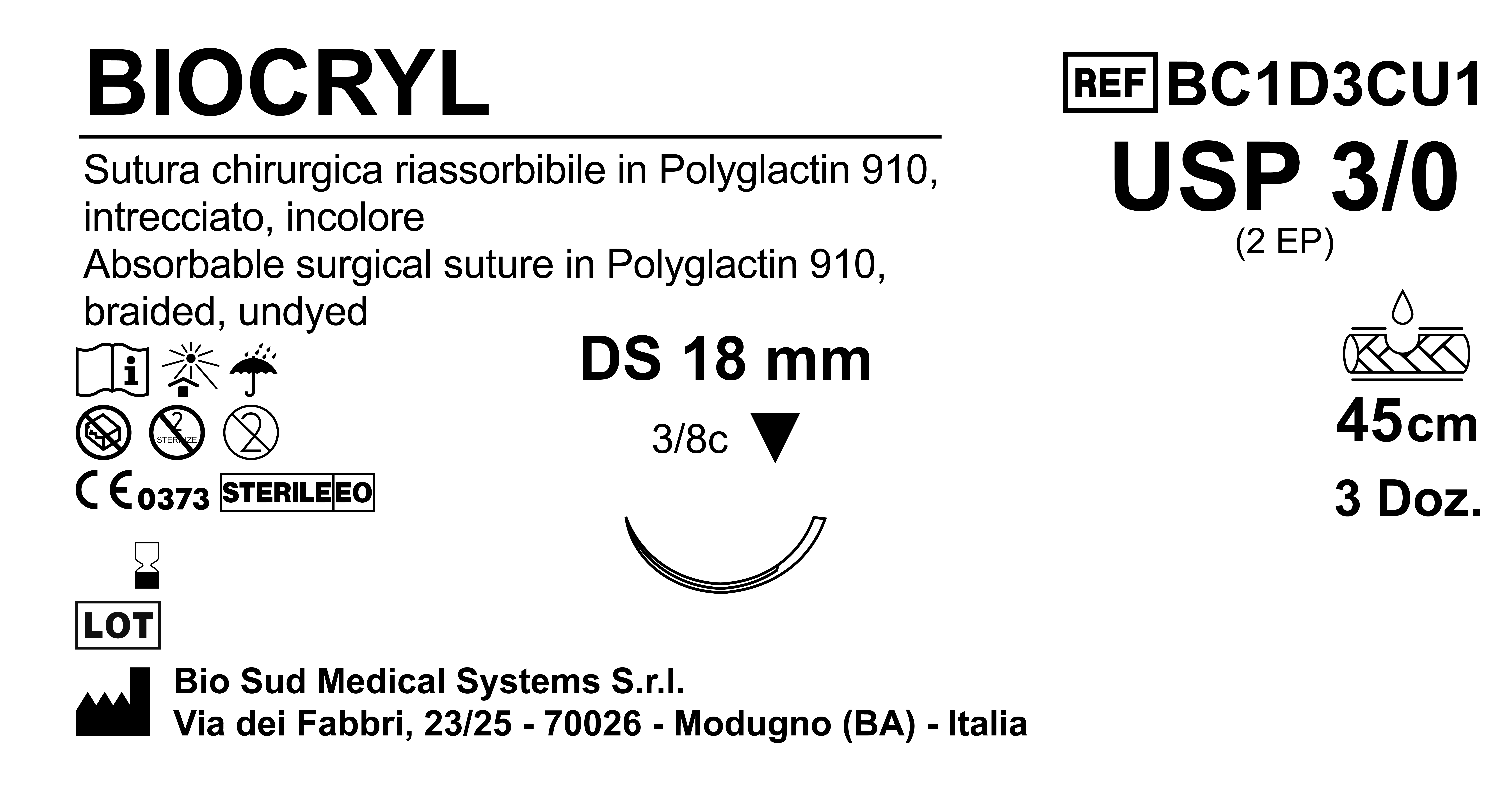 Sutura Biocryl DS18 USP 3-0 - EP 2 45 cm Undyed Box 36 pcs