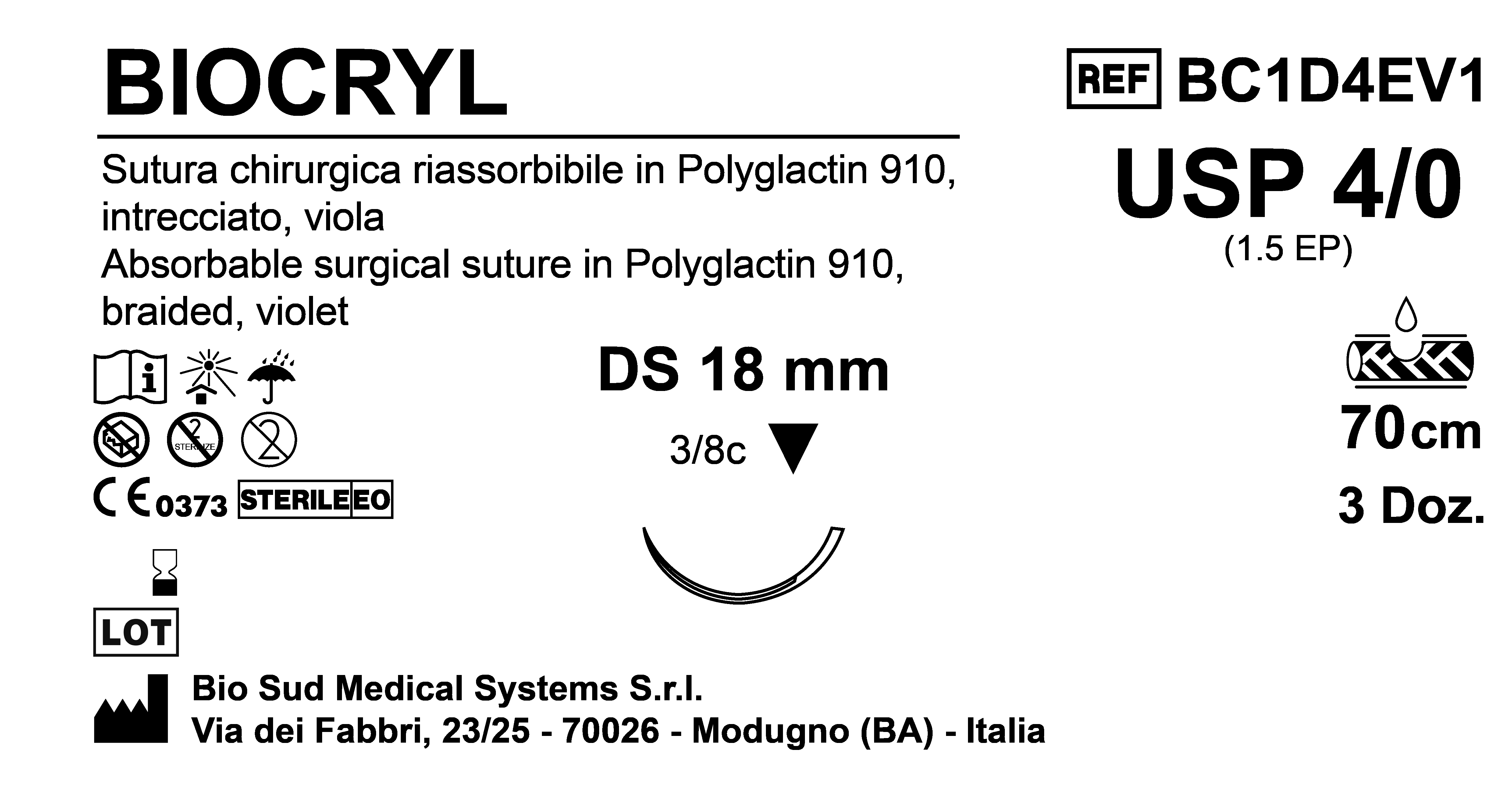 Sutura Biocryl DS18 USP 4-0  - EP 1.5 70 cm Violet Box 36 pcs