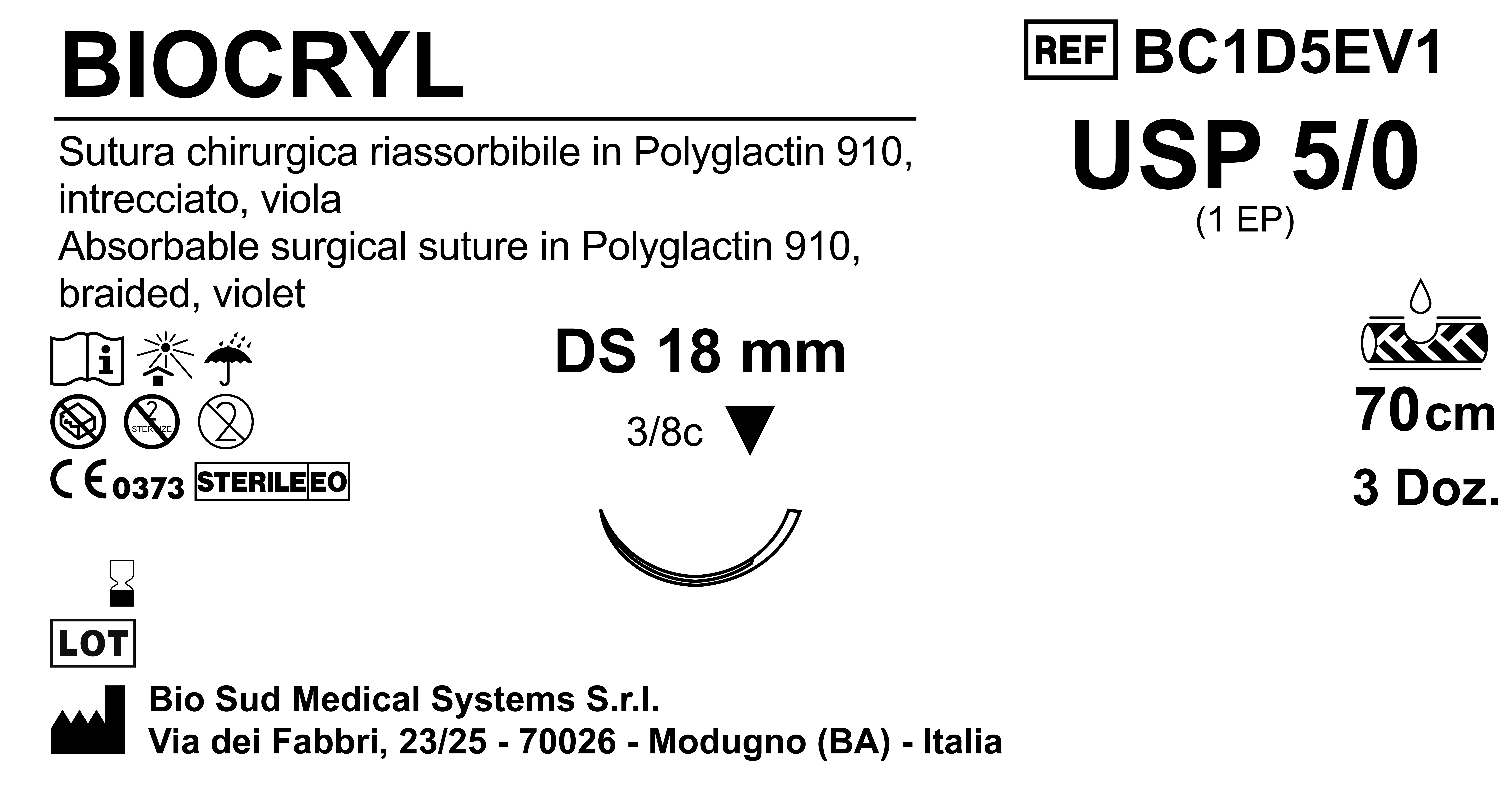 Sutura Biocryl DS18 USP 5-0 - EP 1 70 cm Violet Box 36 pcs