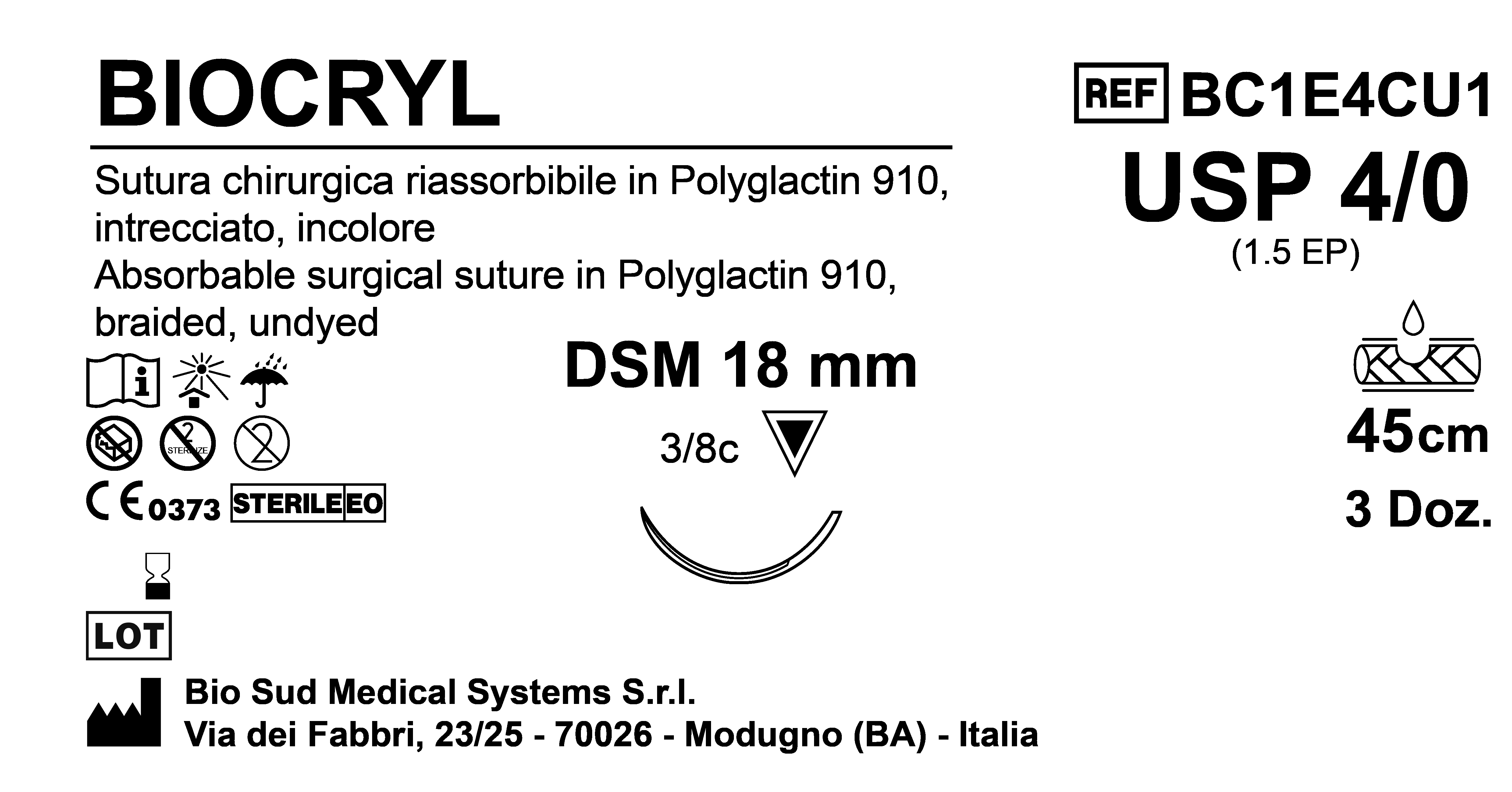 Sutura Biocryl DSM18 USP 4-0  - EP 1.5 45 cm Undyed Box 36 pcs