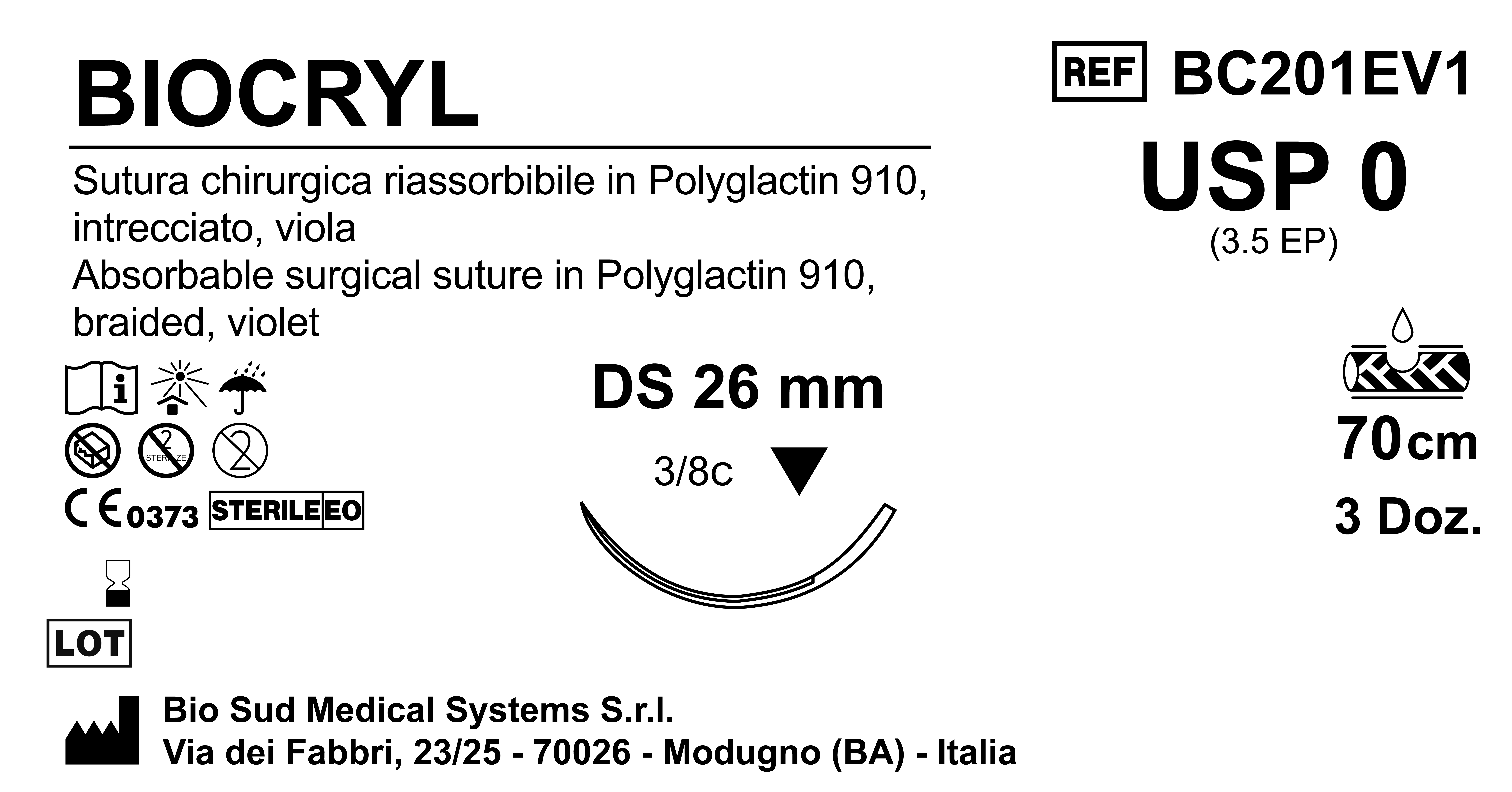 Sutura Biocryl DS26 USP 0 - EP 3.5 70 cm Violet Box 36 pcs