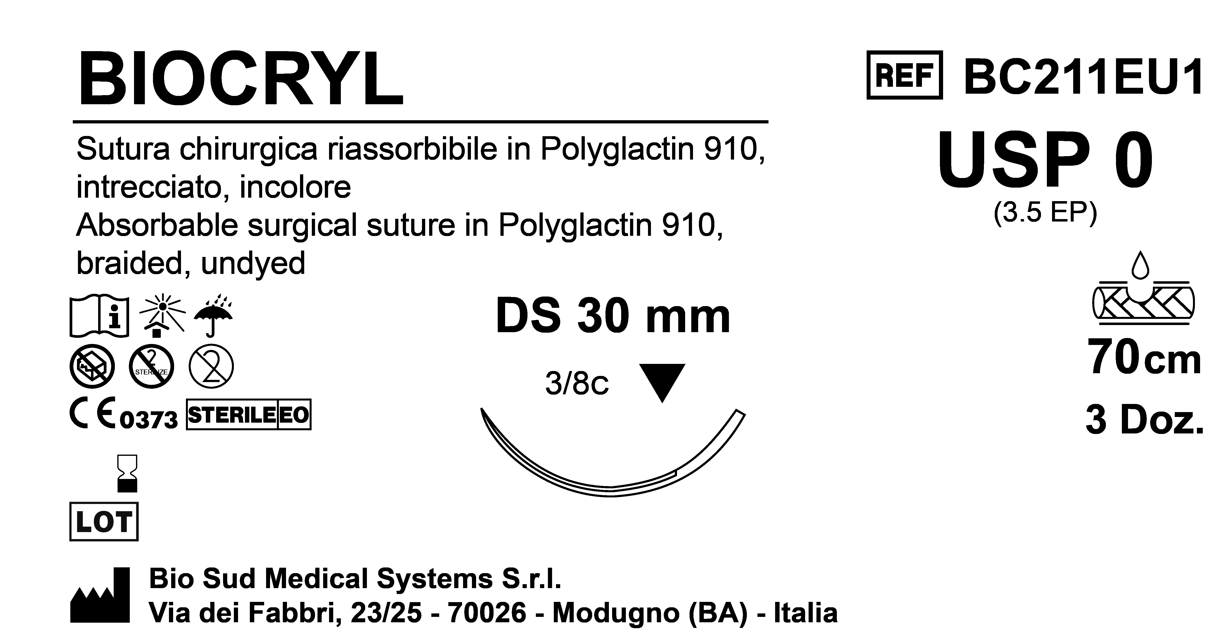 Sutura Biocryl DS30 USP 0 - EP 3.5 70 cm Undyed Box 36 pcs