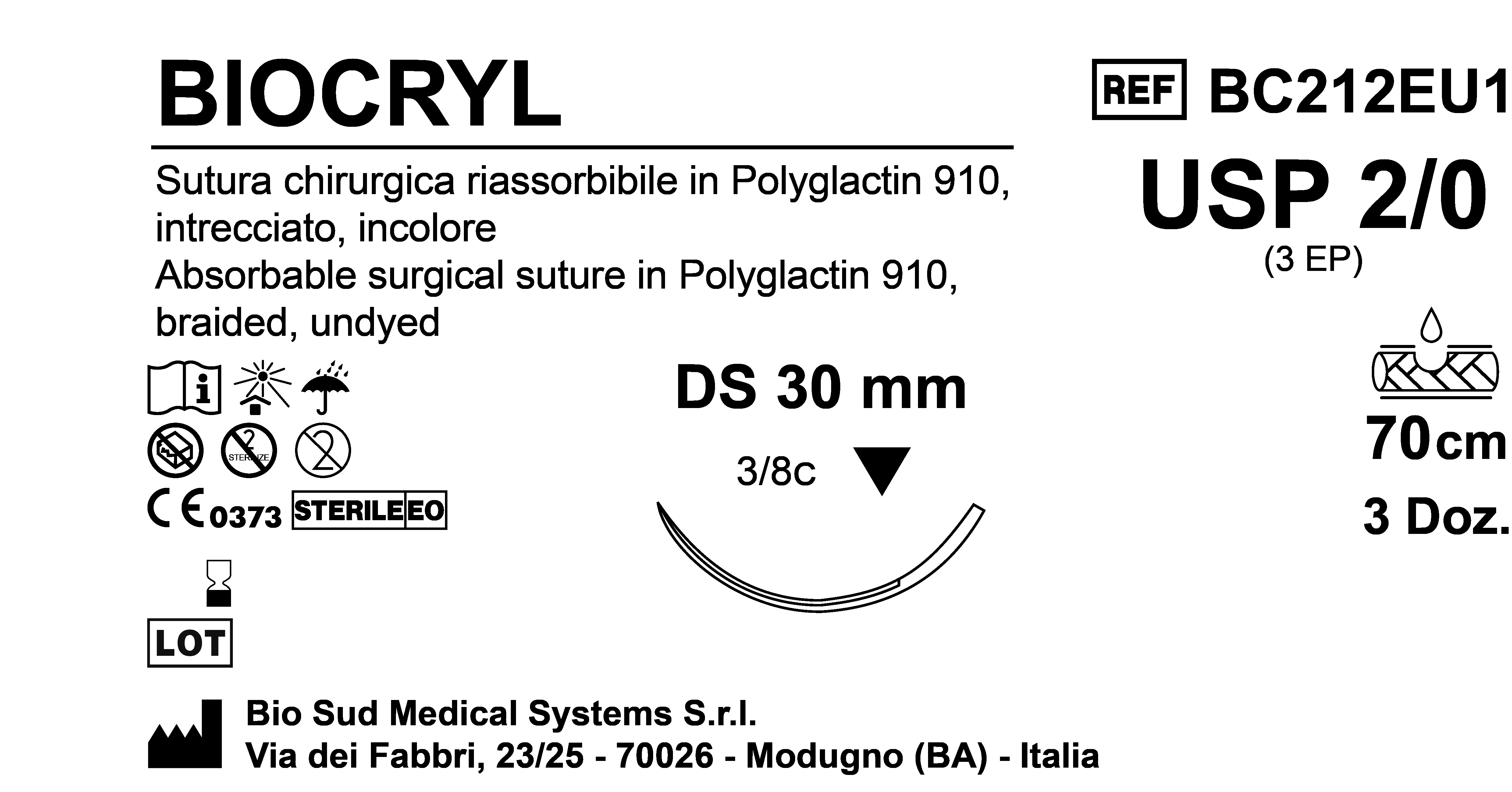 Sutura Biocryl DS30 USP 2-0 - EP 3 70 cm Undyed Box 36 pcs
