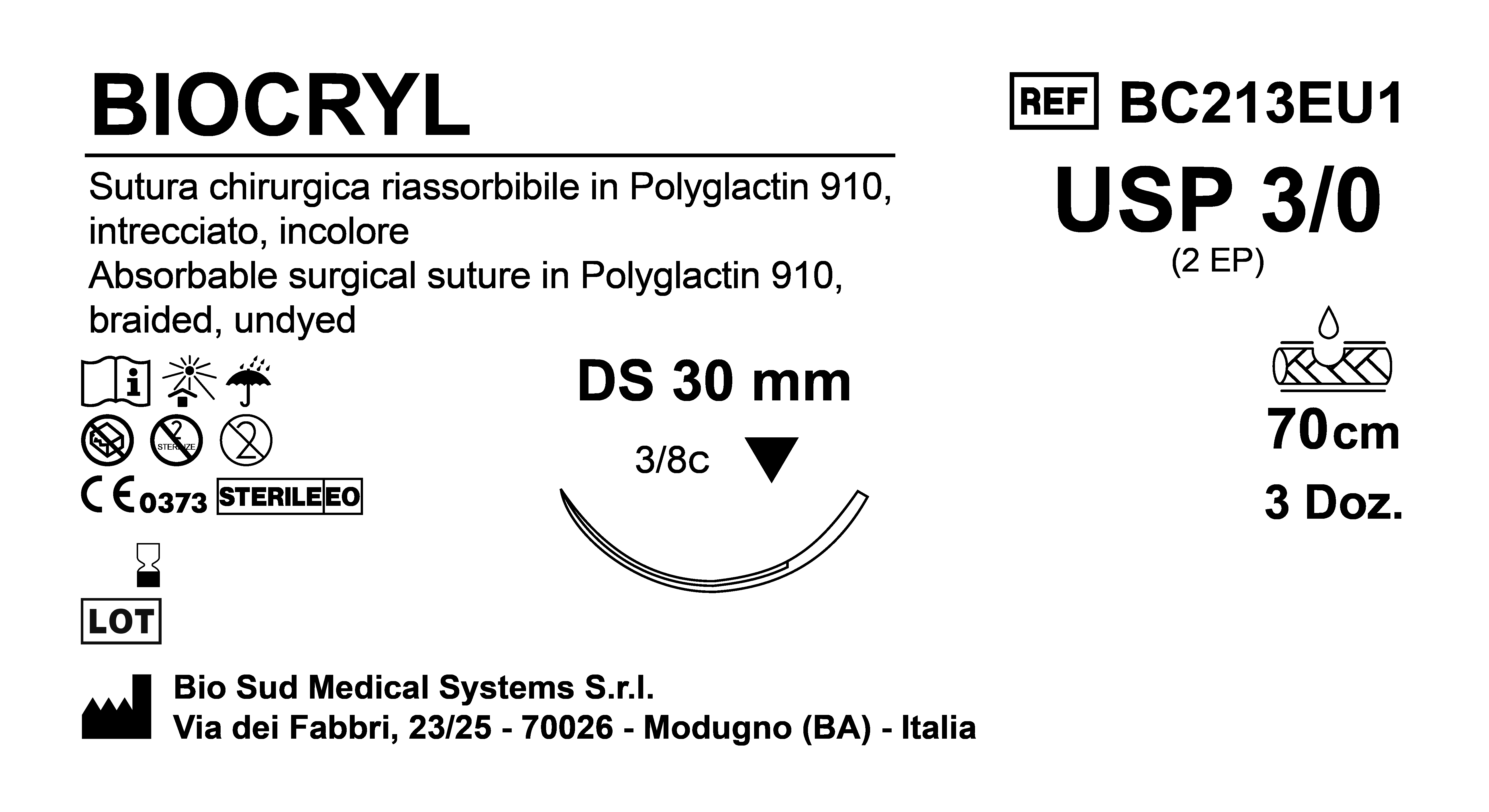 Sutura Biocryl DS30 USP 3-0 - EP 2 70 cm Undyed Box 36 pcs
