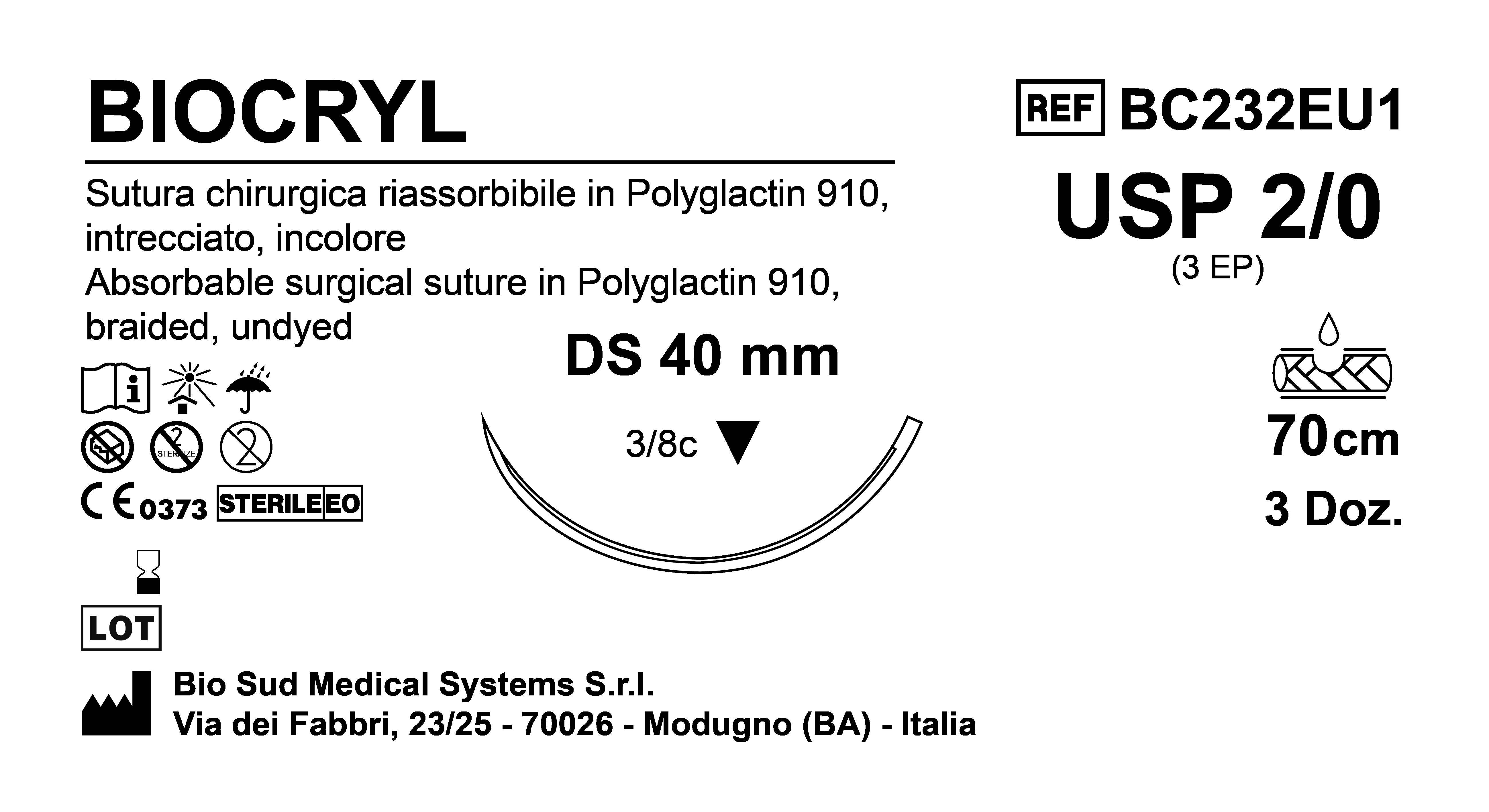 Sutura Biocryl DS 40 USP 2-0 - EP 3 70 cm Undyed Box 36 pcs