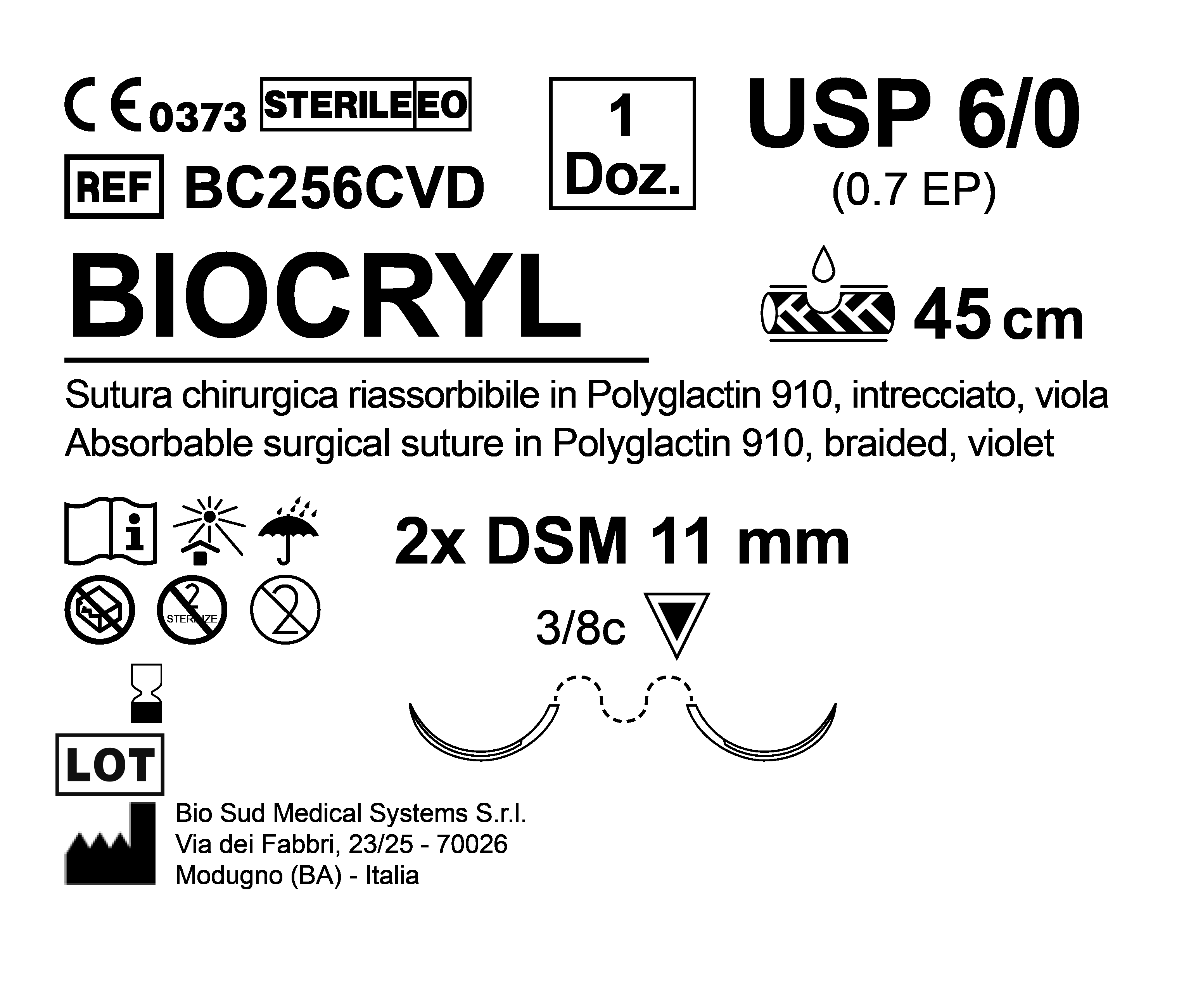 Sutura Biocryl DSM 11 USP 6-0 - EP 0.7 45 cm Violet Double Armed  N.12 Bs. per Box
