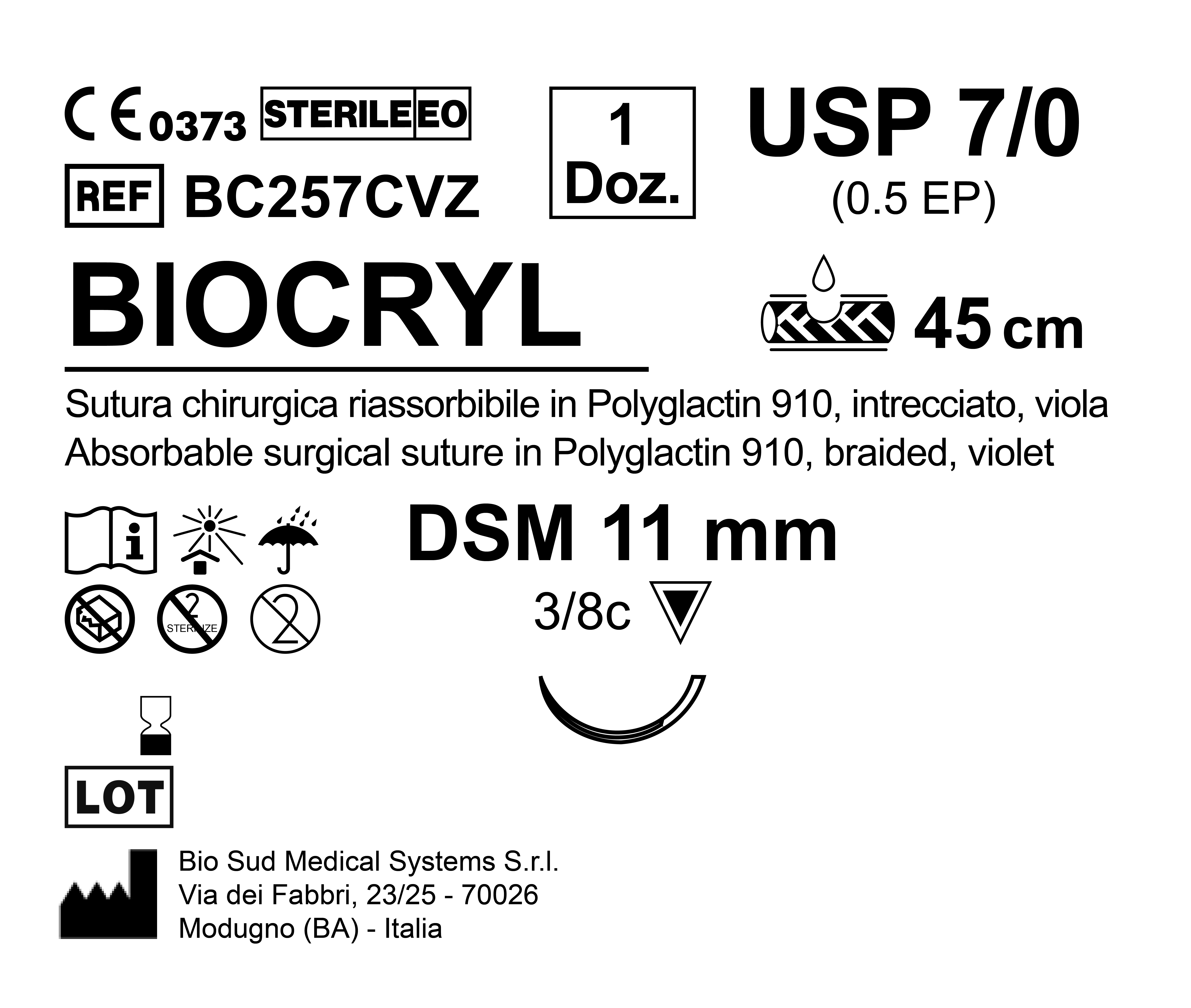 Sutura Biocryl DSM 11 USP 7-0 - EP 0.5 45 cm Violet Box 12 pcs