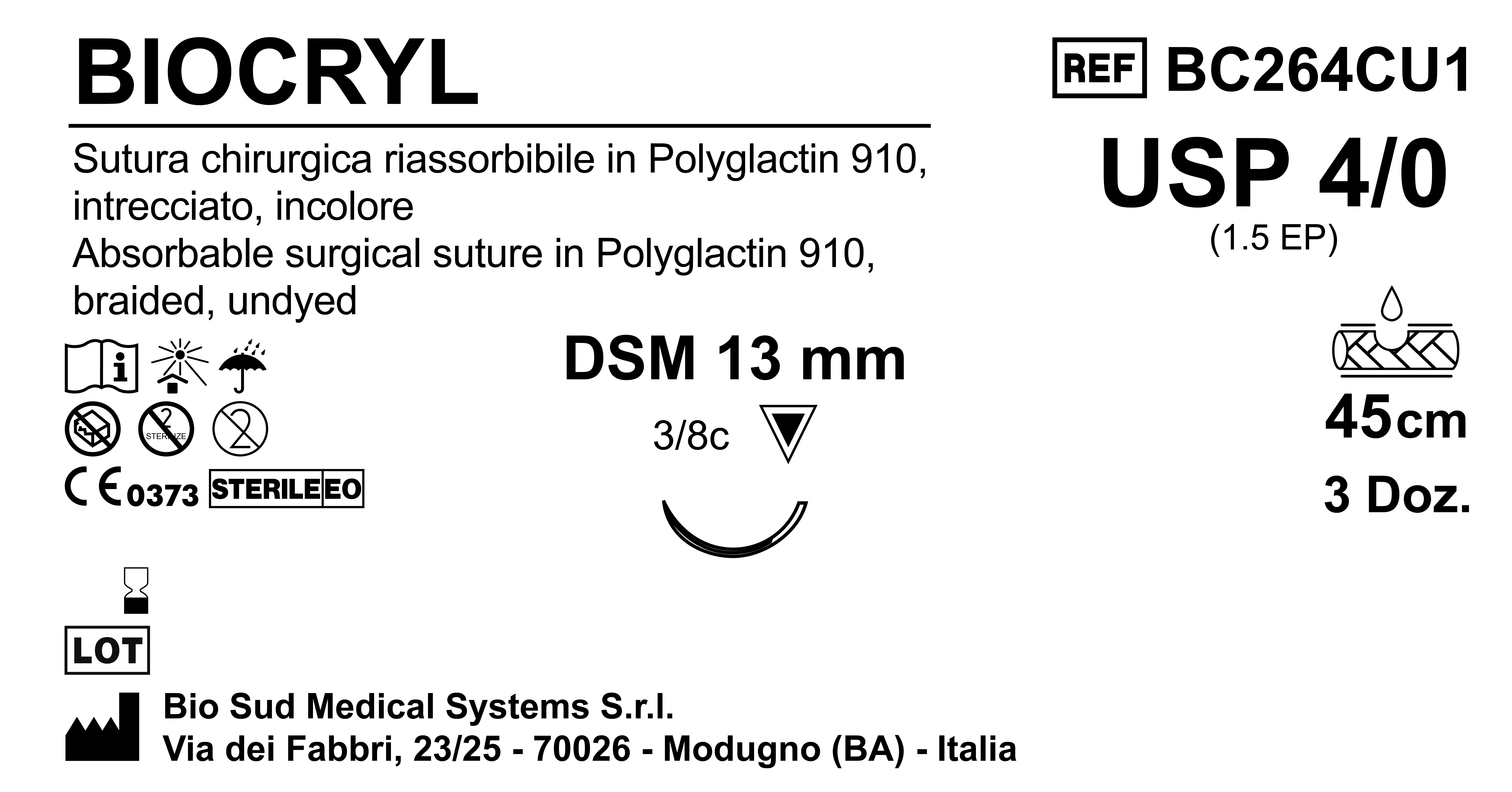 Sutura Biocryl DSM13 USP 4-0  - EP 1.5 45 cm Undyed Box 36 pcs