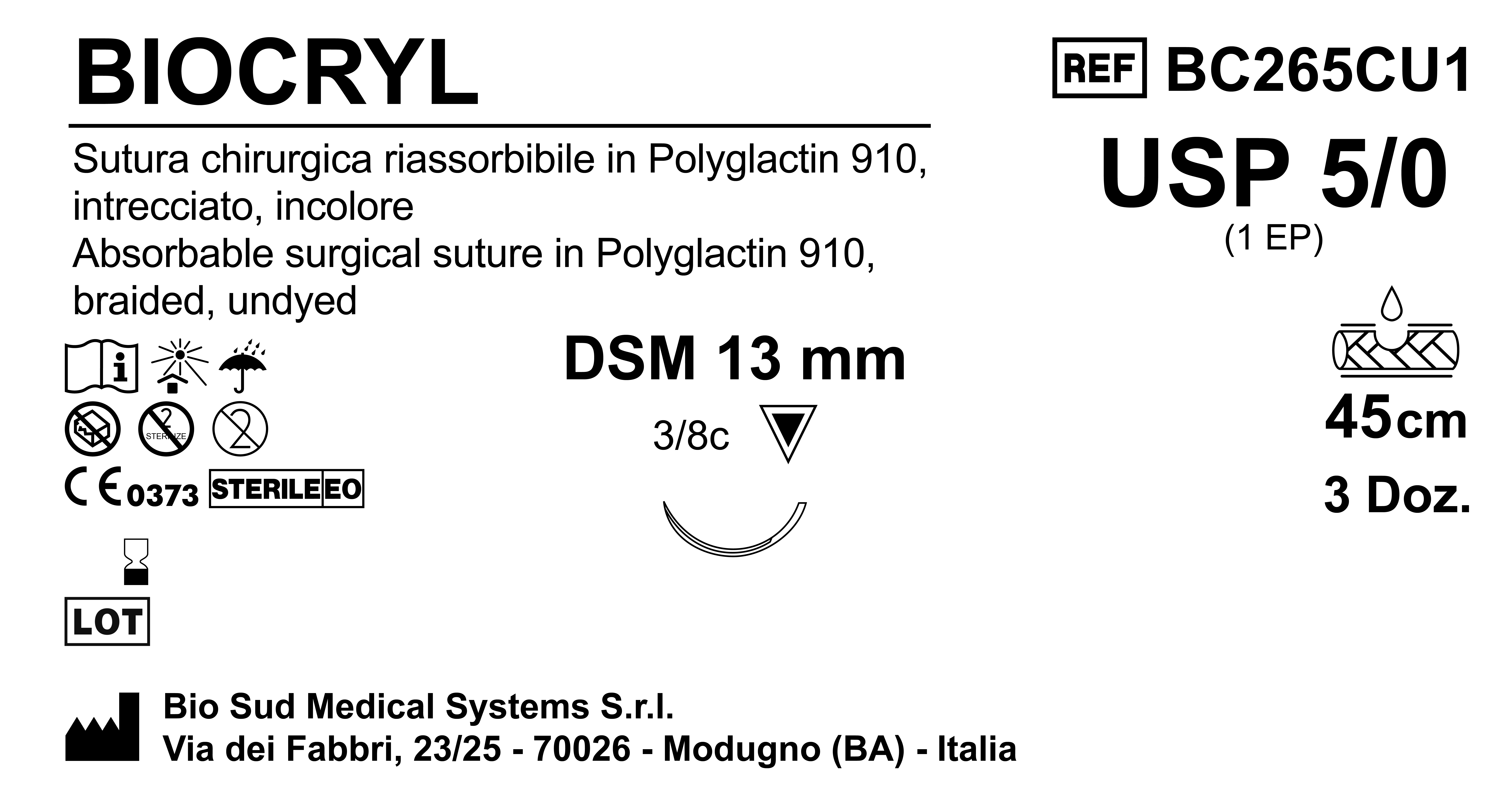Sutura Biocryl DSM13 USP 5-0 - EP 1 45 cm Undyed Box 36 pcs